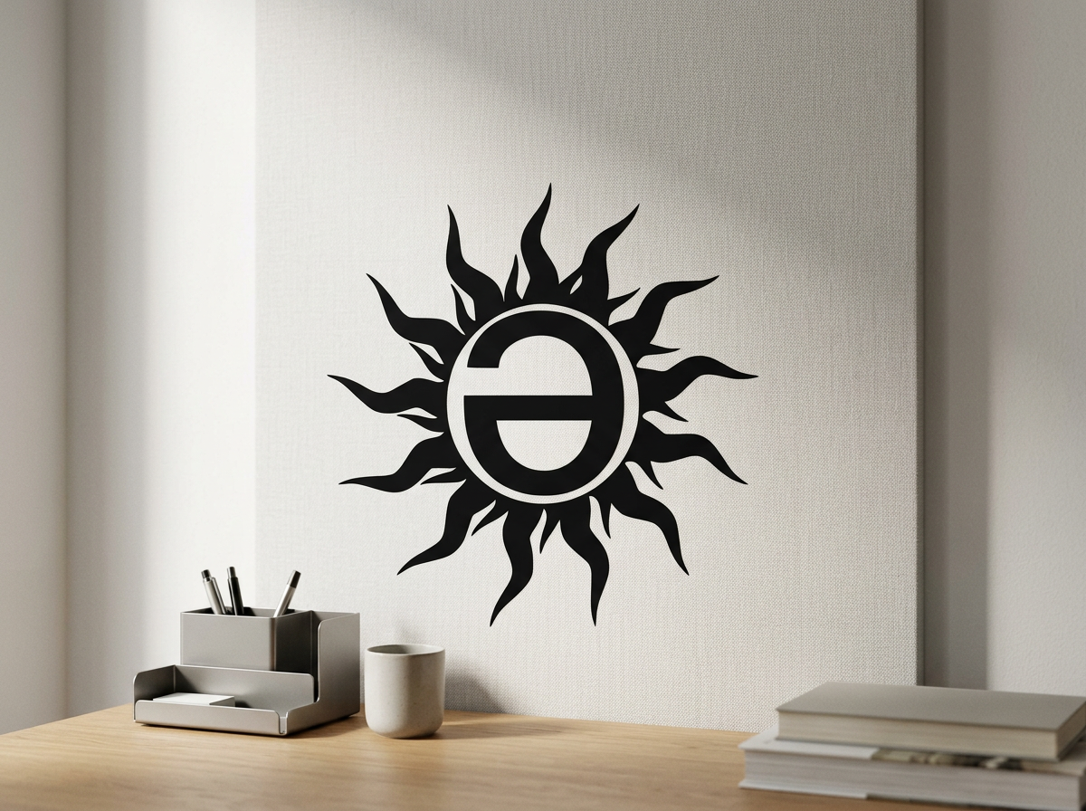 Wall decal of a sun with a stylized face, on a plain wall above a desk with pens and a mug.