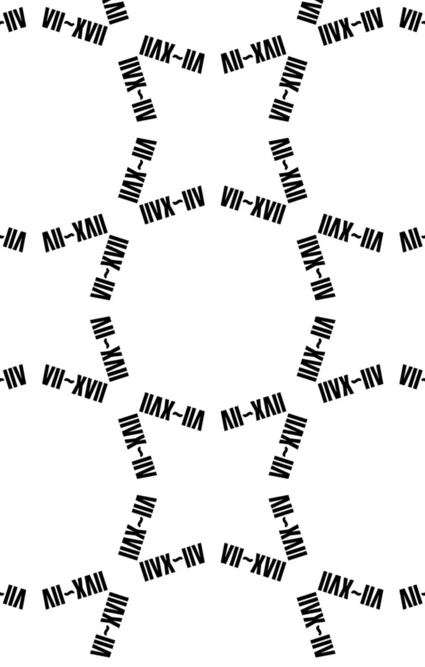 A stylized bow tie made up of repeating Roman numerals.