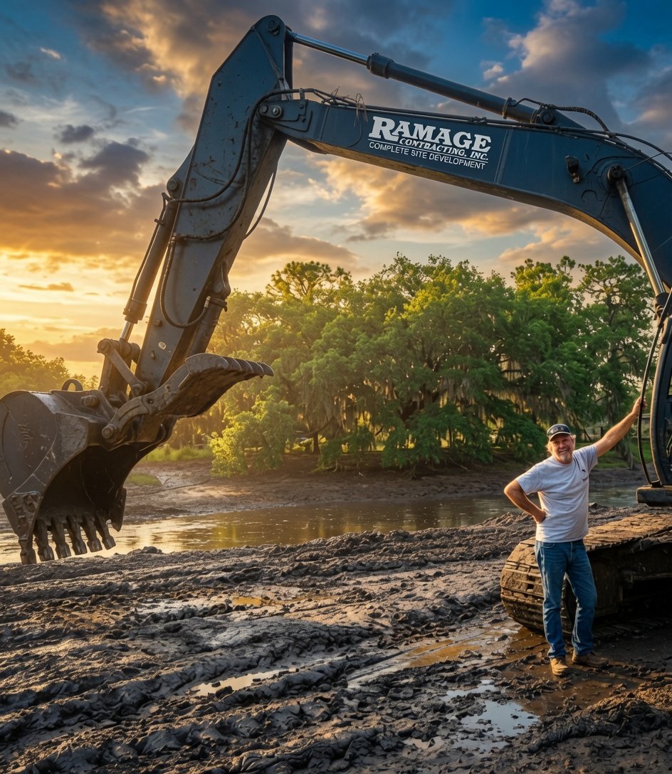 A man standing near a large excavator at a construction site during sunset, with muddy ground and water patches, and green trees in the background.