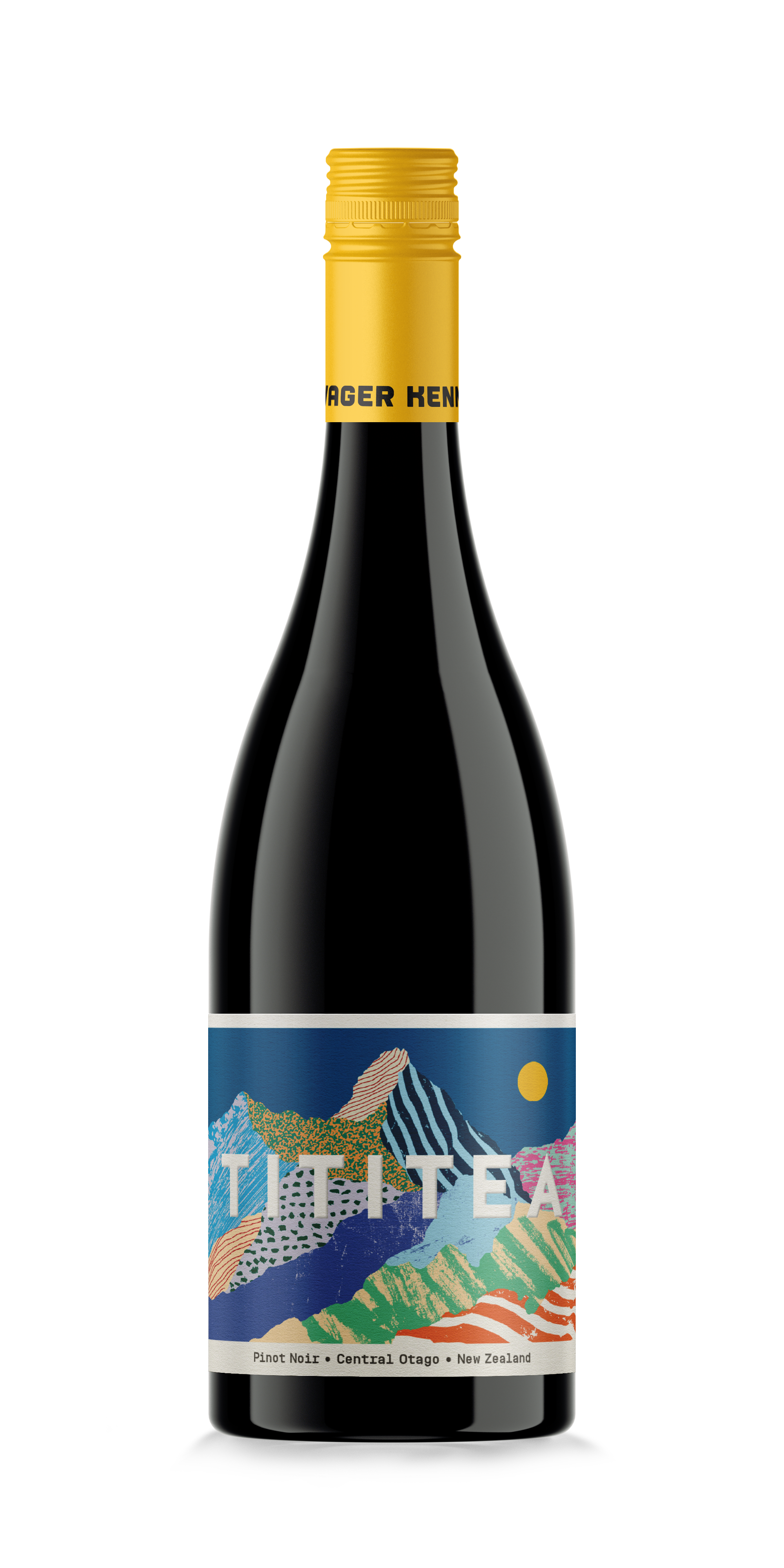 A bottle of Titote Pinot Noir wine from Central Otago, New Zealand, with a colorful mountain landscape label and a yellow cap.