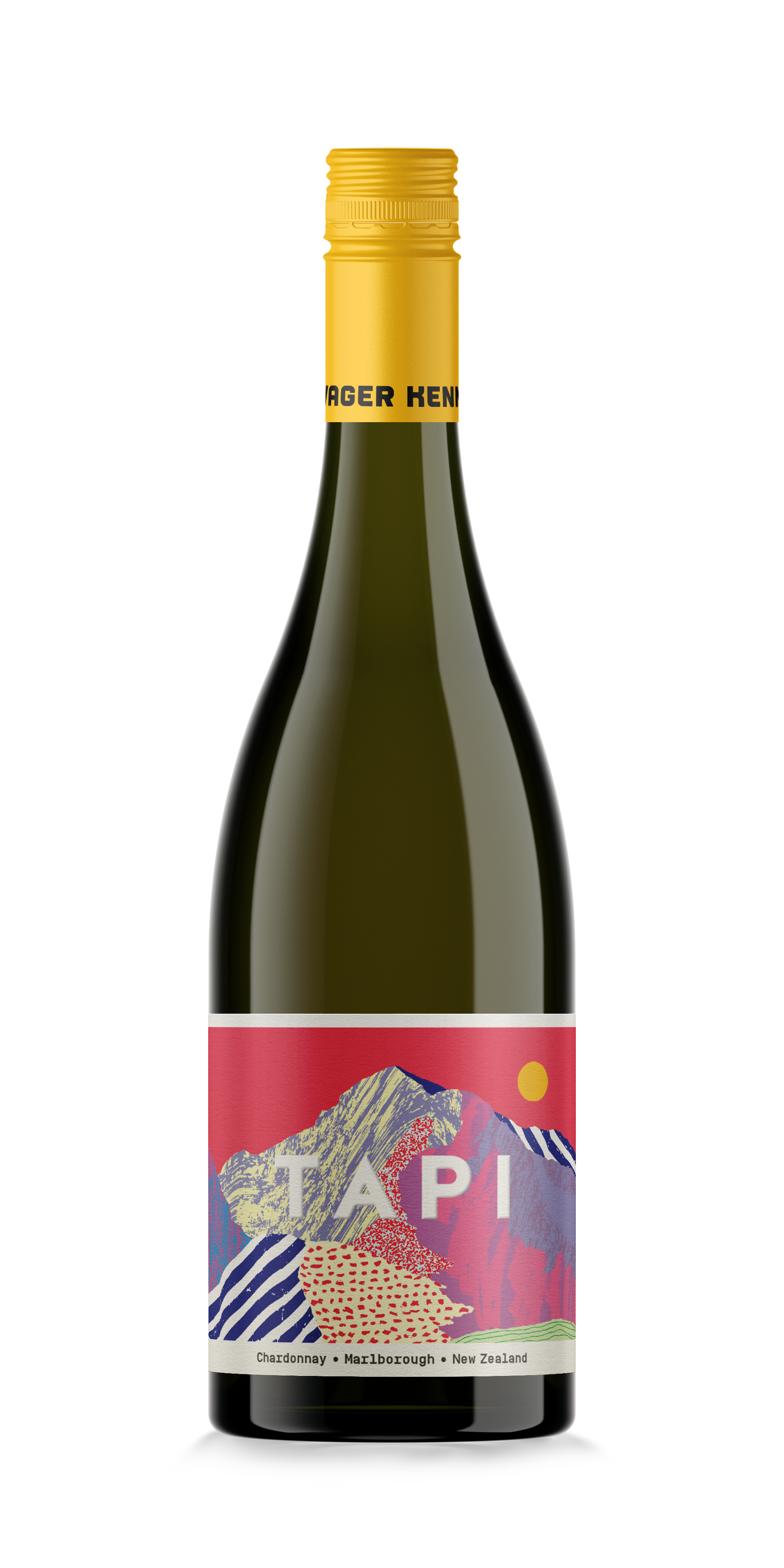 A bottle of wine with a colorful, artistic label featuring a mountain scene, a sun, and abstract patterns, indicating it is a Marlborough Chardonnay from New Zealand.