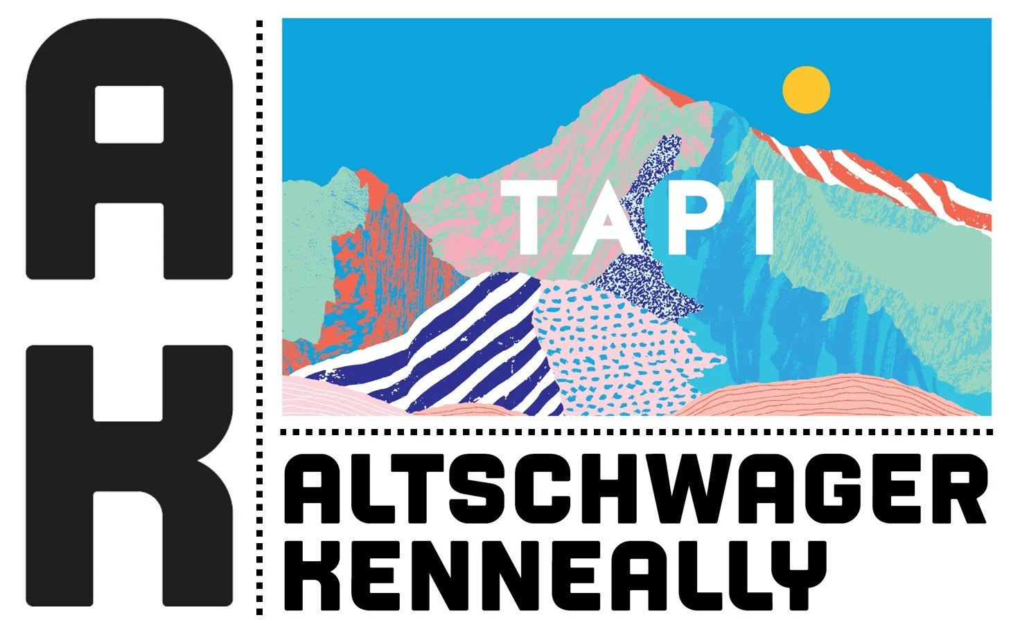 Colorful illustration of mountains with the word TAPI in the center. Text on the left reads ALTSCHWAGER KENNEALLY, with large black letters spelling out H and B.