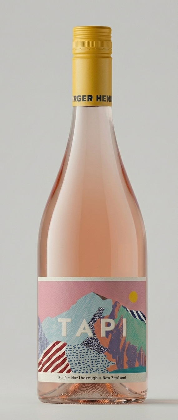 A bottle of TAPi rosé wine from Mazlbbozough, New Zealand with a colorful mountain landscape label and a yellow screw cap.