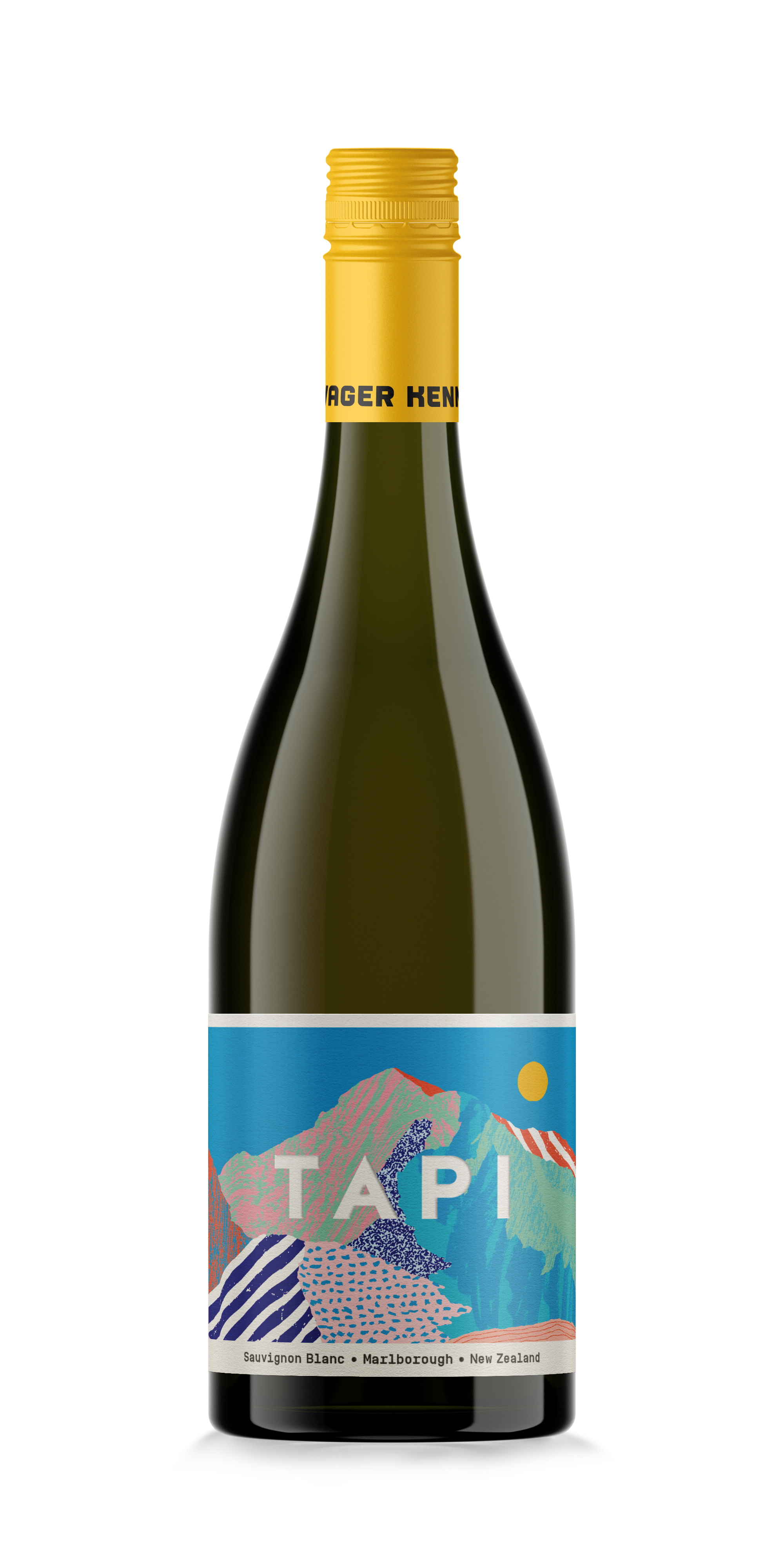 A bottle of Tapī Sauvignon Blanc wine from Marlborough, New Zealand, with a colorful mountain landscape label.