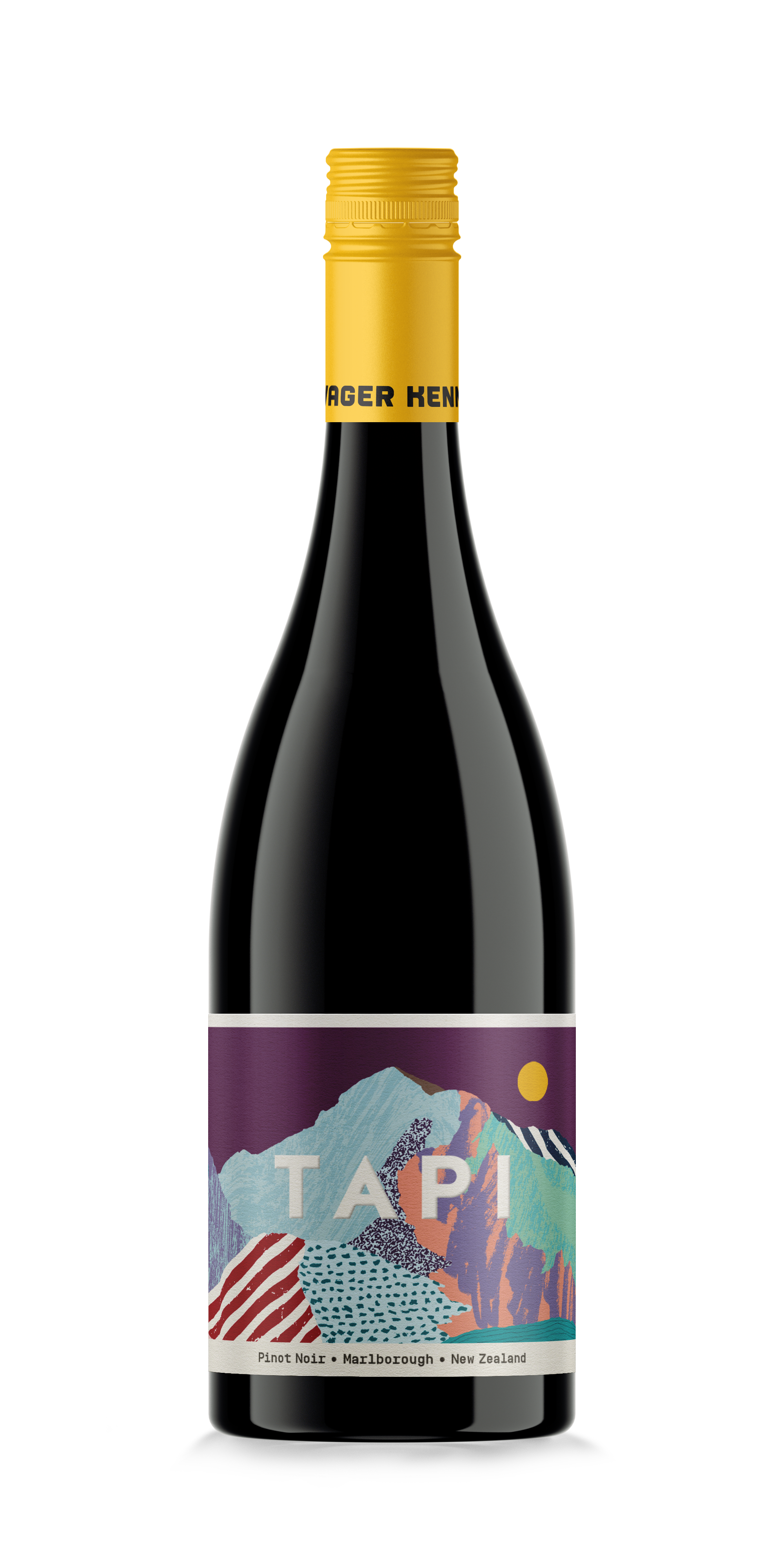 A bottle of Tapiz Pinot Noir wine from Marlborough, New Zealand, with a colorful mountainous landscape on the label and a yellow screw cap.