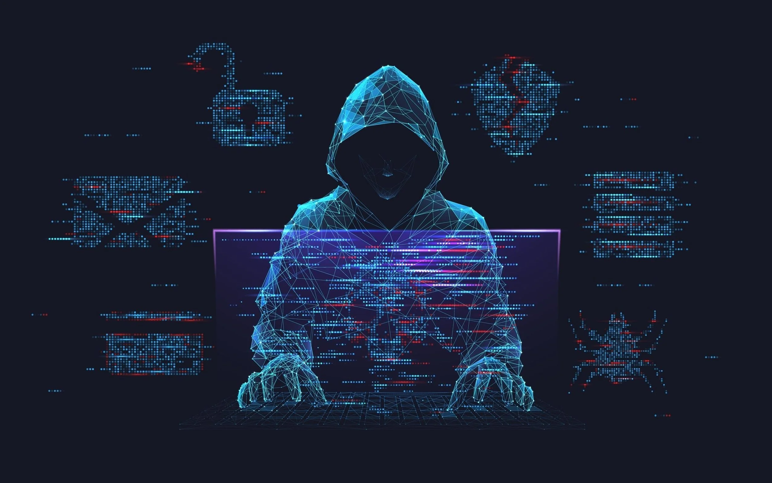 Digital illustration of a cyber hacker exploiting an unauthorized AI tool, symbolizing Shadow AI data breach risks at Community Bank.