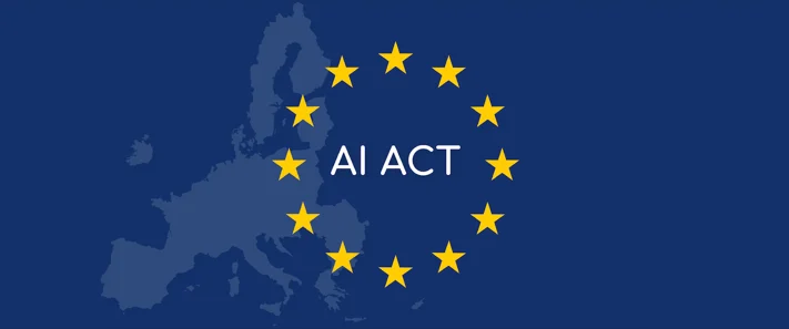 Blue European Union flag with a circle of yellow stars surrounding the text "AI ACT". Used for blog article about the EU AI Act entering into force in August 2026.