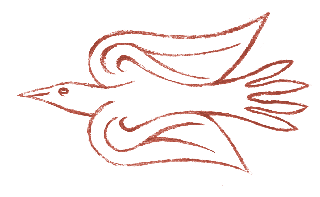 Stylized drawing of a bird with a long beak and flowing feathers outlined in brown.