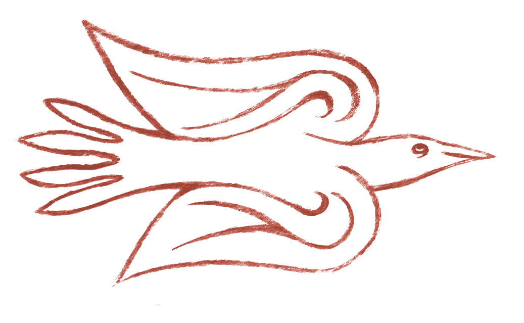 Stylized line drawing of a flying bird, with elongated wings and beak, in a minimalist and artistic design style.
