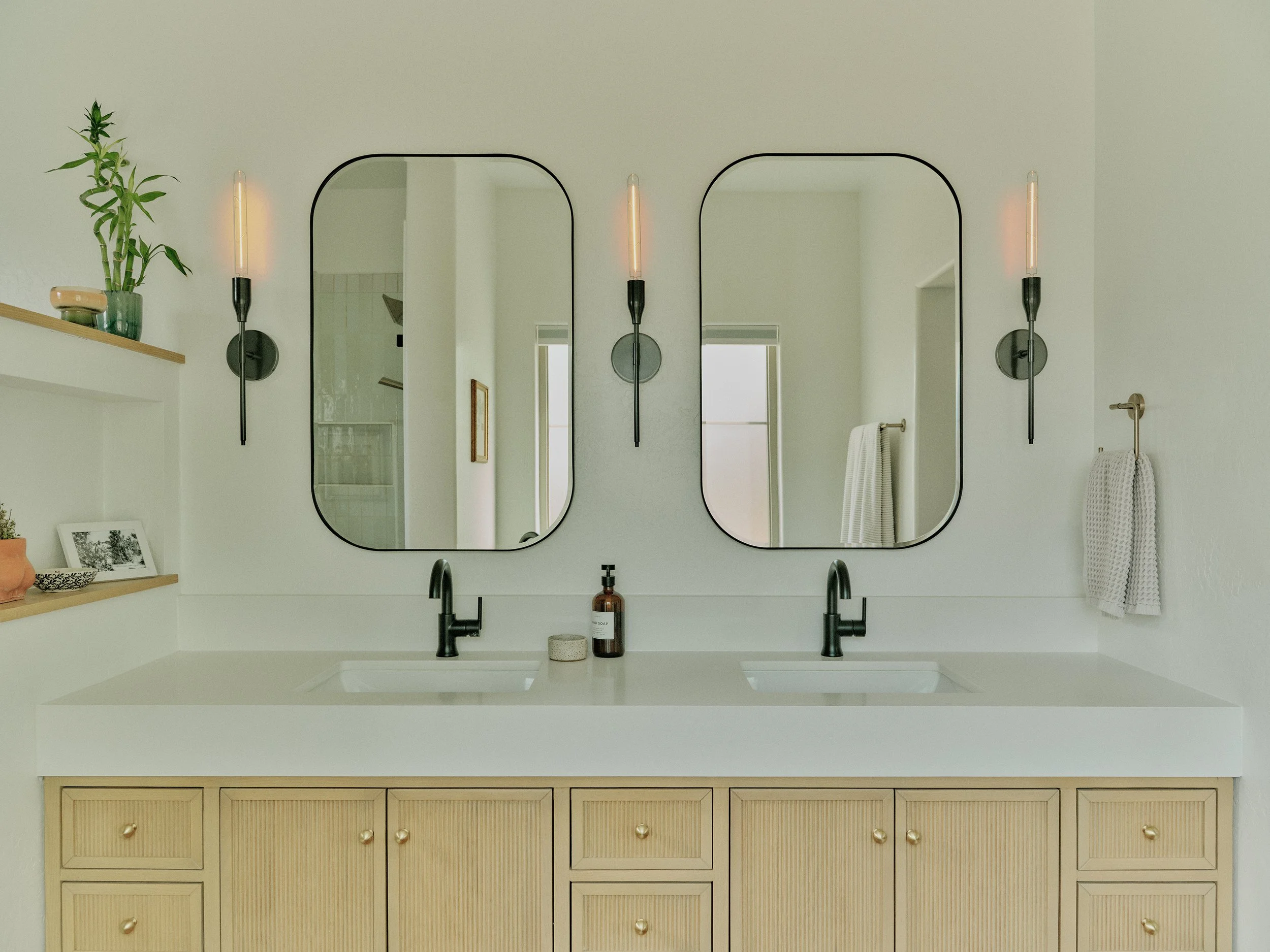 white modern earthy bathroom vanity