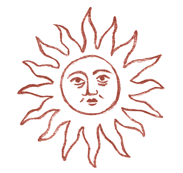 Drawing of a sun with a face, outlined in pink with a black background.