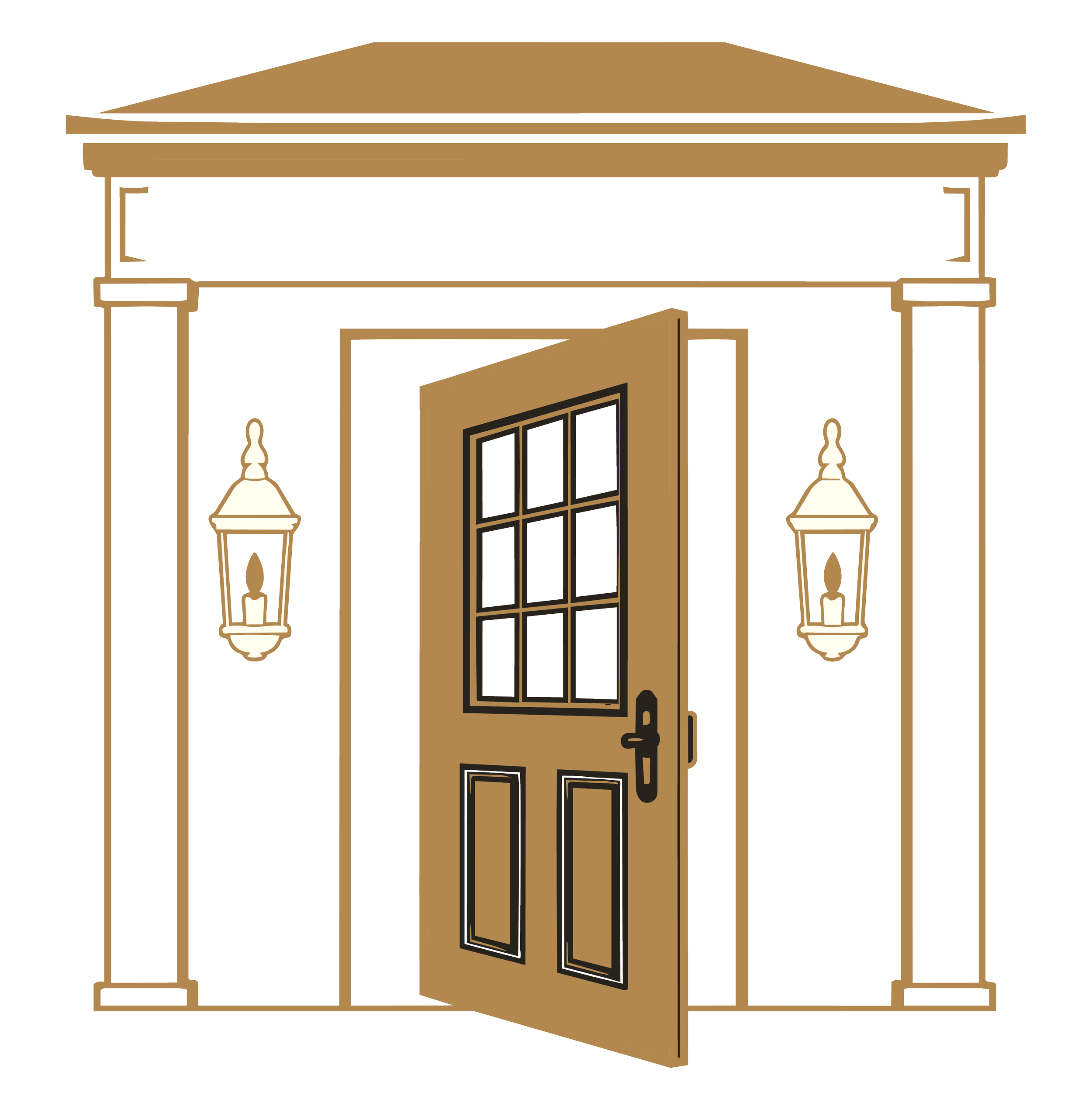 Illustration of a house entrance with a door, windows, and two lamps on either side.