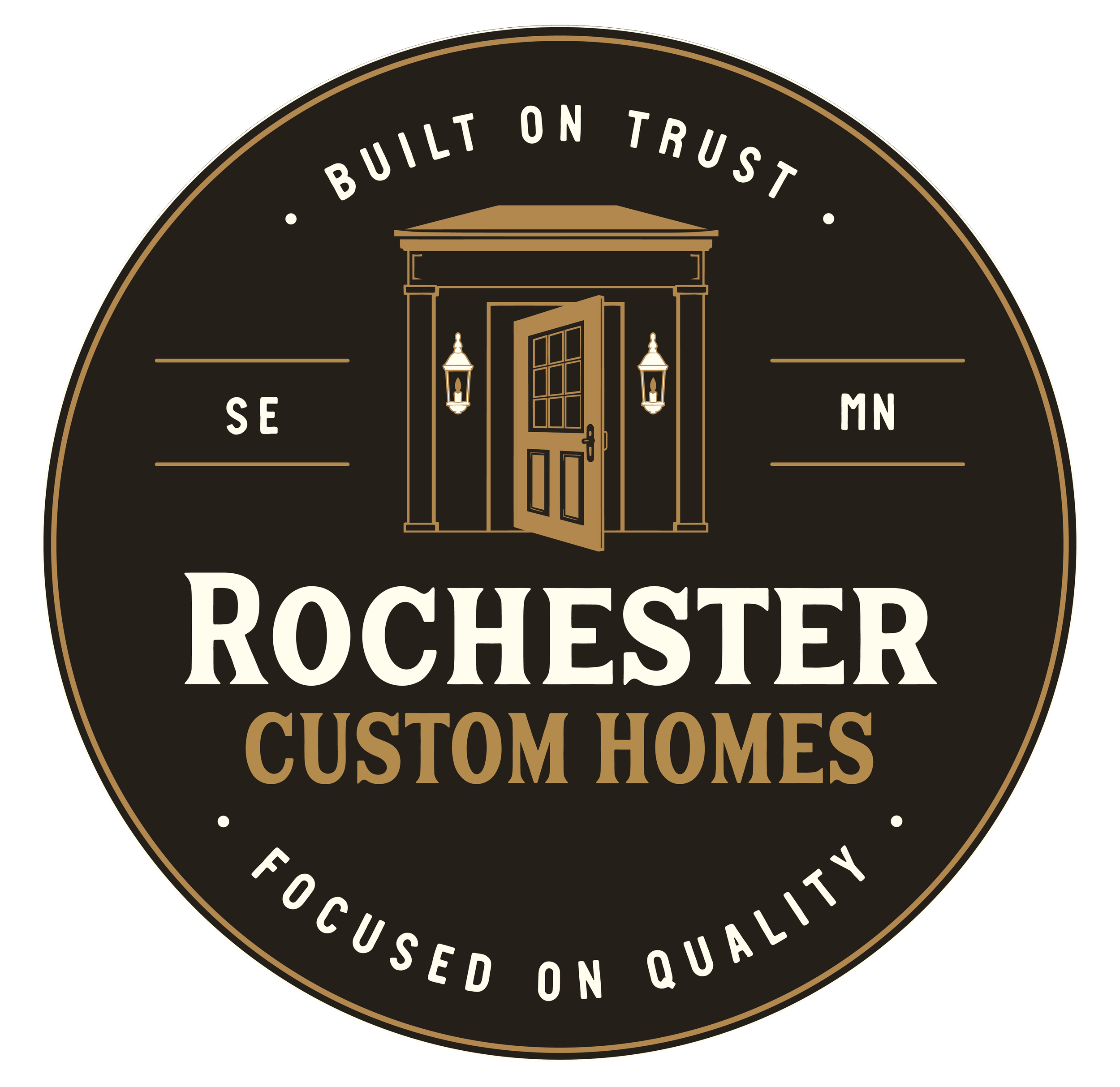 Logo with text 'Built on Trust,' an illustration of a door with lanterns, and the words Rochester, Minnesota, and other phrases about quality housing.