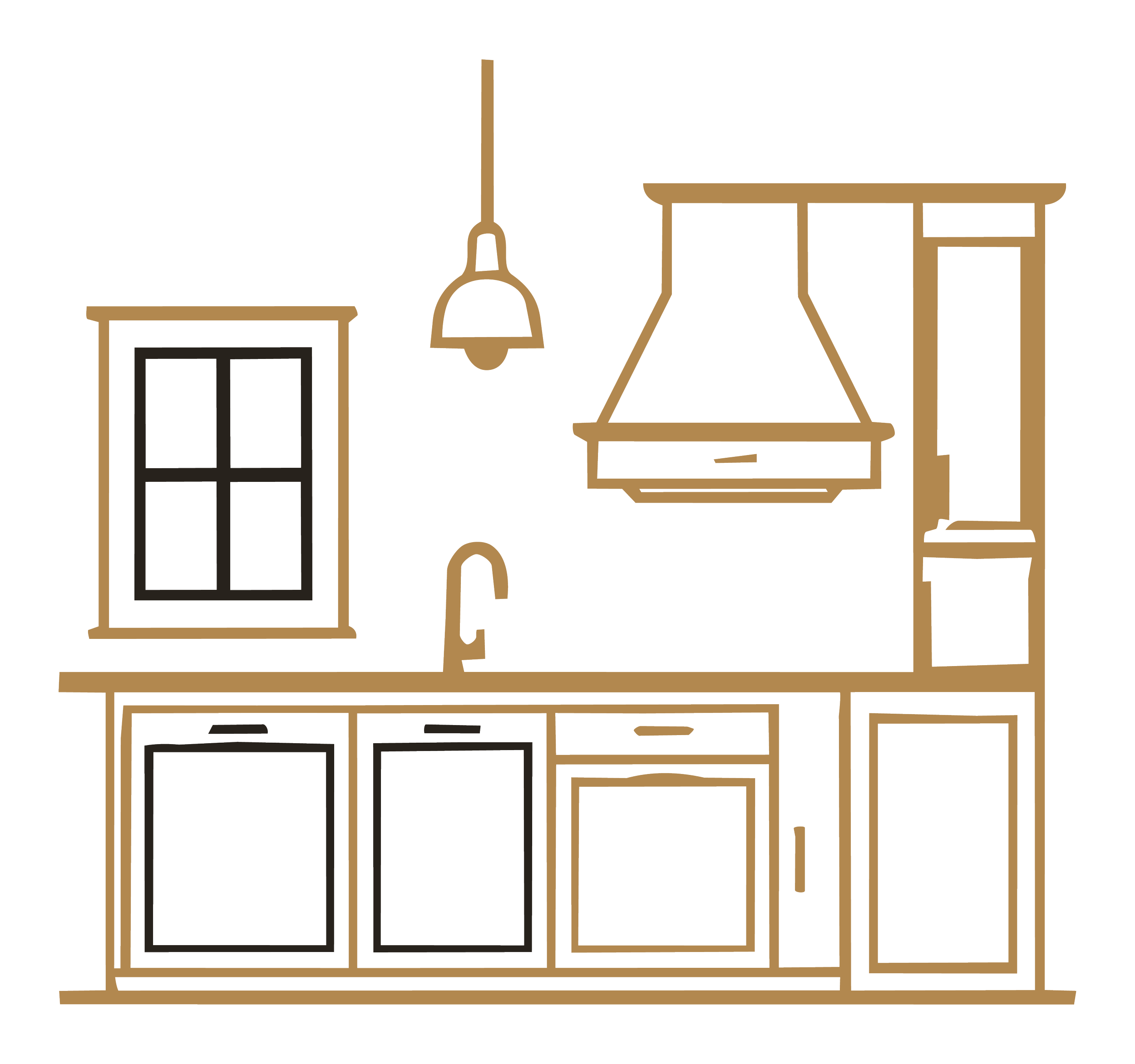 Outline of a dining room with a table, chandelier, sideboard, and chairs, all depicted in a minimalistic line drawing style.