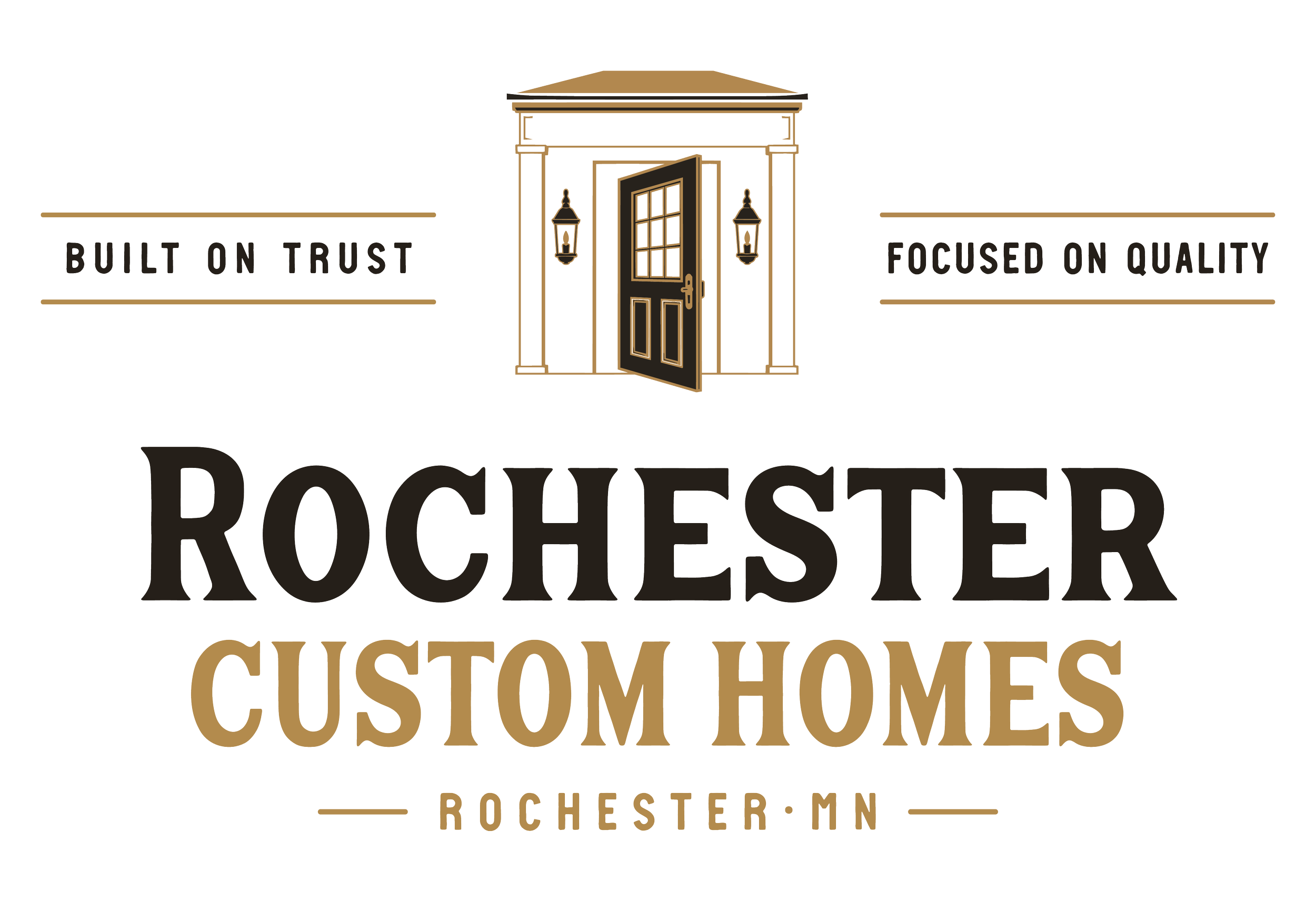 Logo for Rochester, Minnesota with an illustration of a door with two lanterns and the text 'Built on Trust, Focused on Quality, Rochester, MN, Custom Homes'.