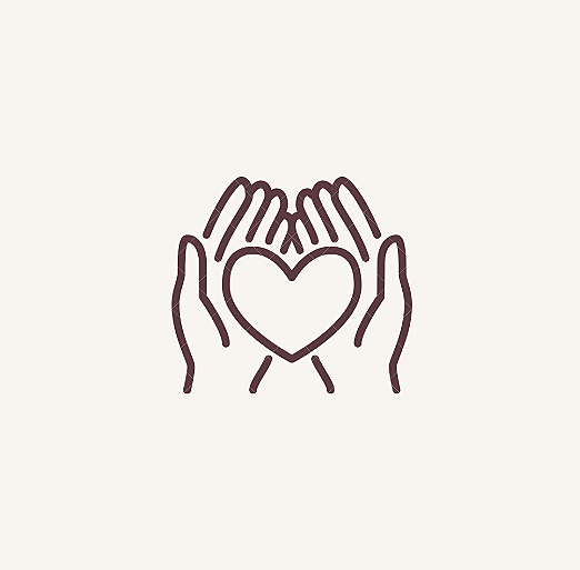 Outline drawing of four hands holding a heart.