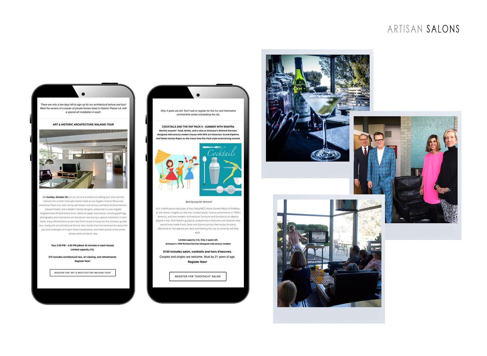 Snapshots of several salons and registration emails, showcasing the production and marketing of the immersive experiences.
