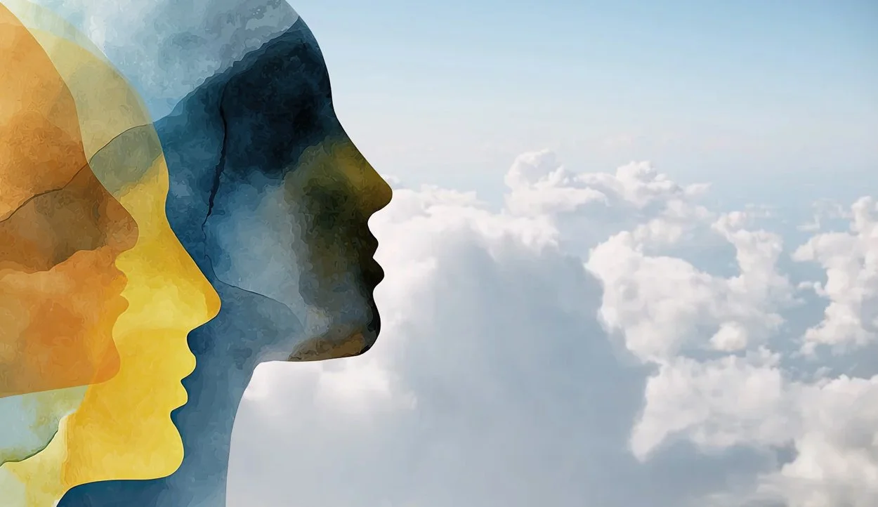 Cloud-filled sky behind watercolor-painted female faces in profile silhouettes, symbolizing beautiful, elevated websites.