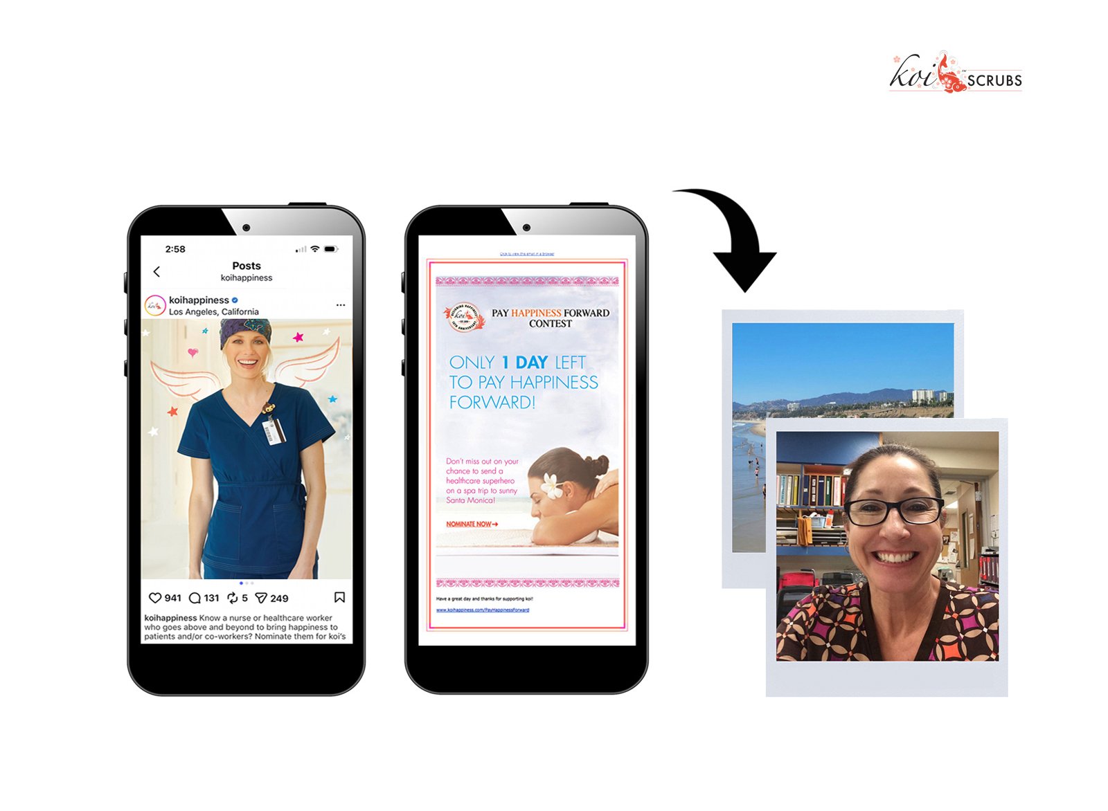 Mobile snapshots of a social media post, an email announcement of the program, and a Polaroid of the contest winner.