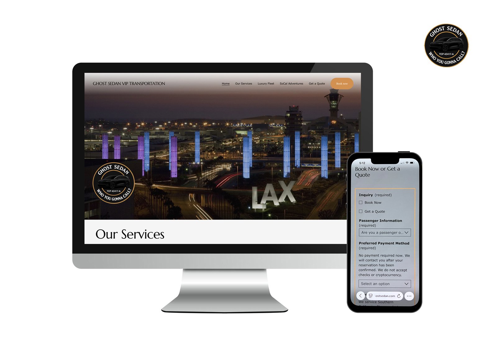 Desktop and mobile snapshots that show modern website design and streamlined booking app.