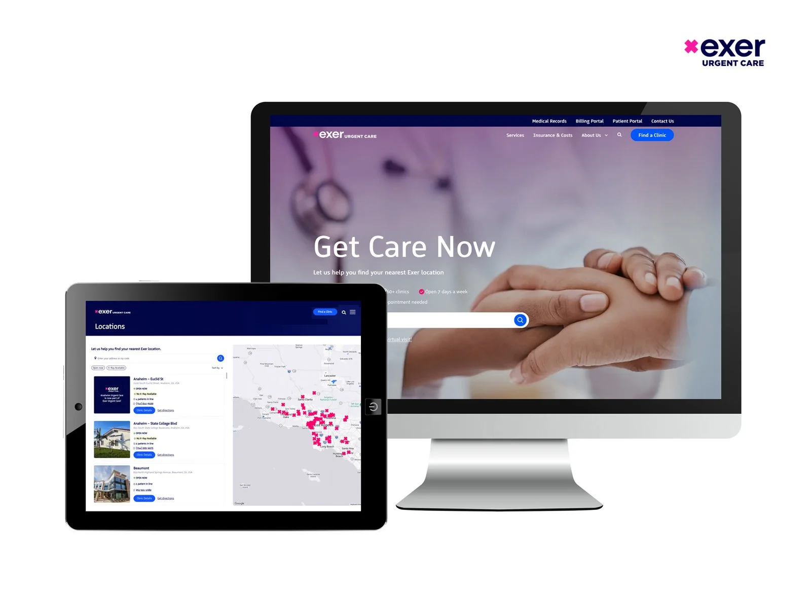 Desktop and tablet snapshots showing branding, content, and app functionality that I facilitated for a health care website.