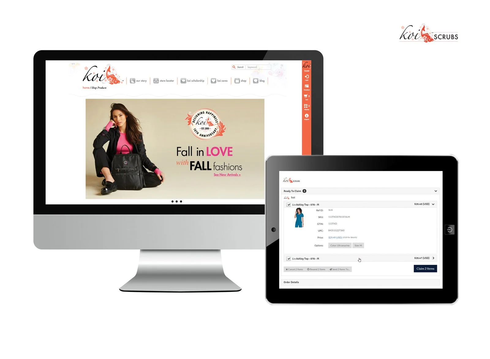 Desktop and tablet snapshots of an app used for fulfilling product sales, showcasing ship-from-store tech stack integration.