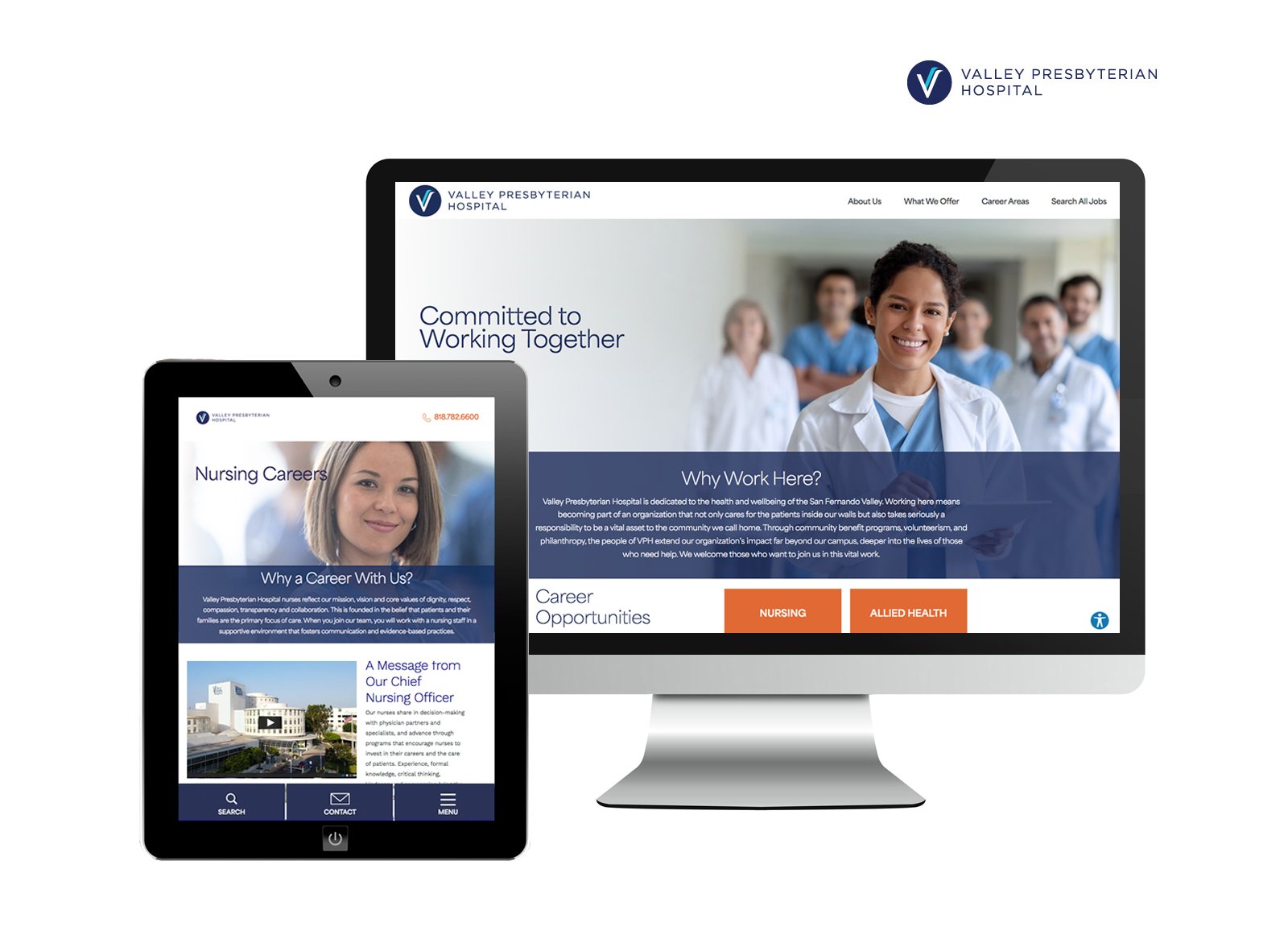 Desktop and tablet snapshots showcasing copy, visuals, and video content created for a health care recruitment website.