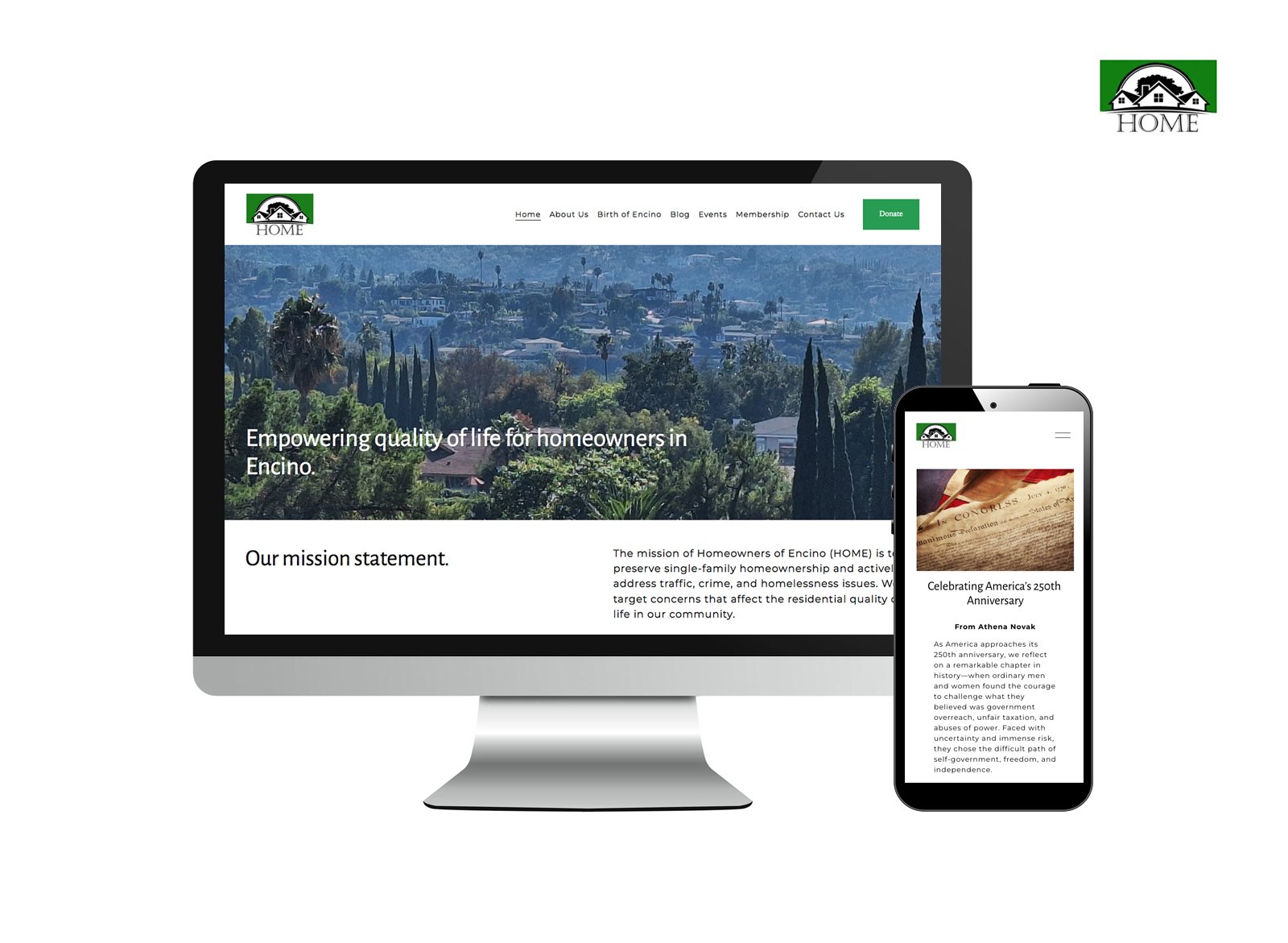 Desktop and mobile snapshots that showcase website design and high-performance e-newsletter for community organization.