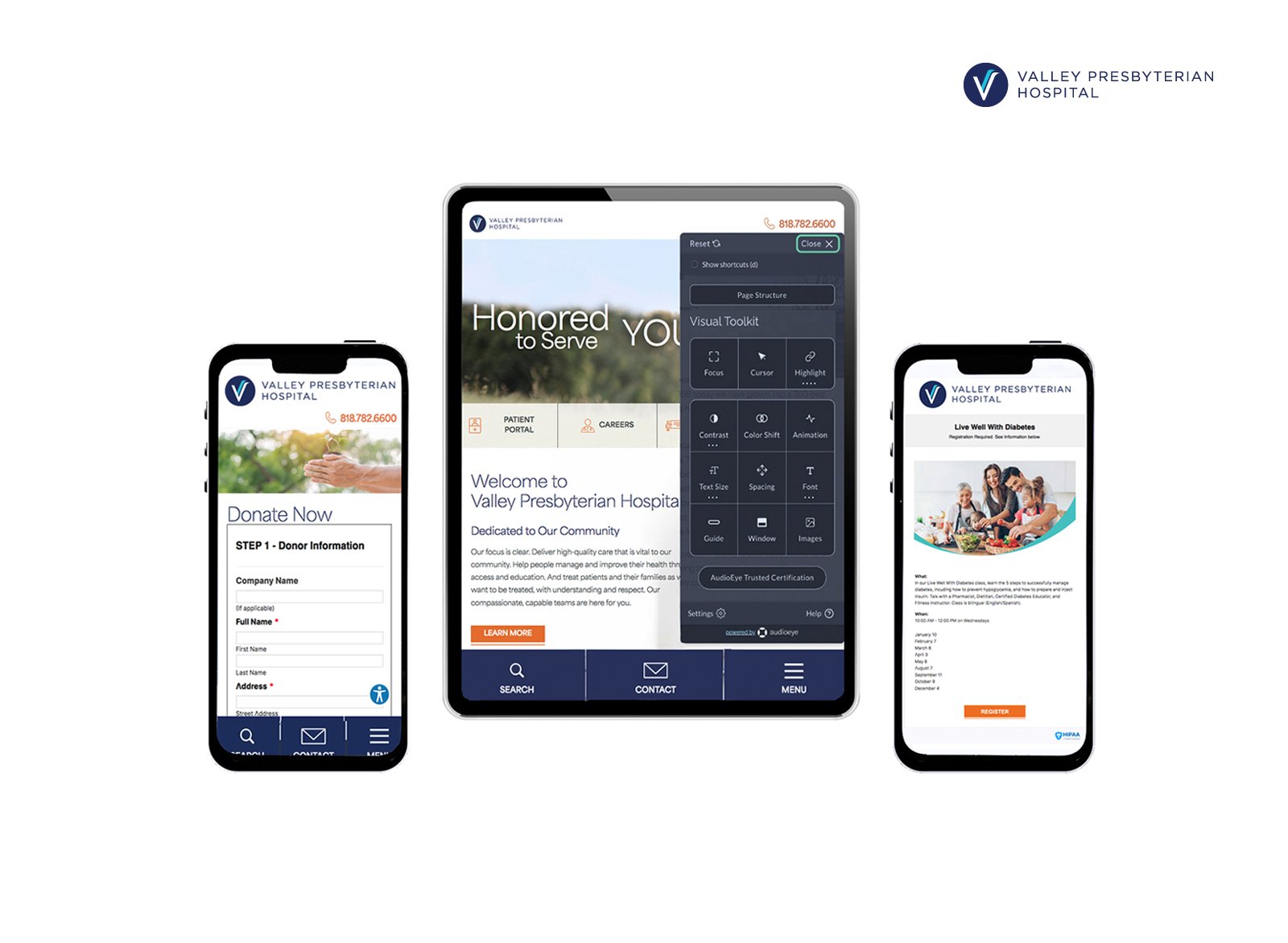 Tablet and mobile snapshots of ADA compliance, donations, and registration apps that I integrated into a health care website.