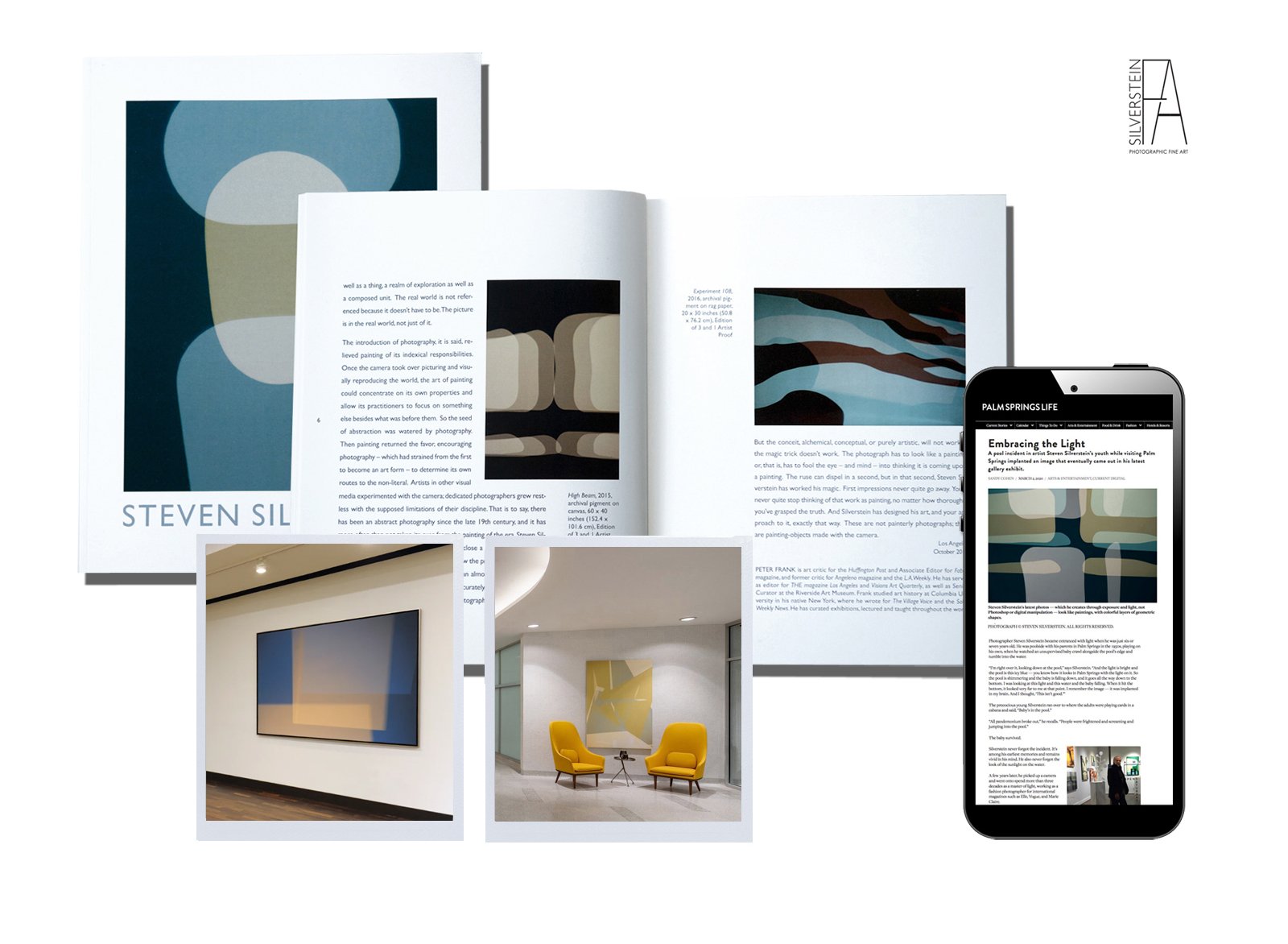 Layout with snapshots of artist's monograph, a gallery exhibition, a lobby installation, and magazine publicity.