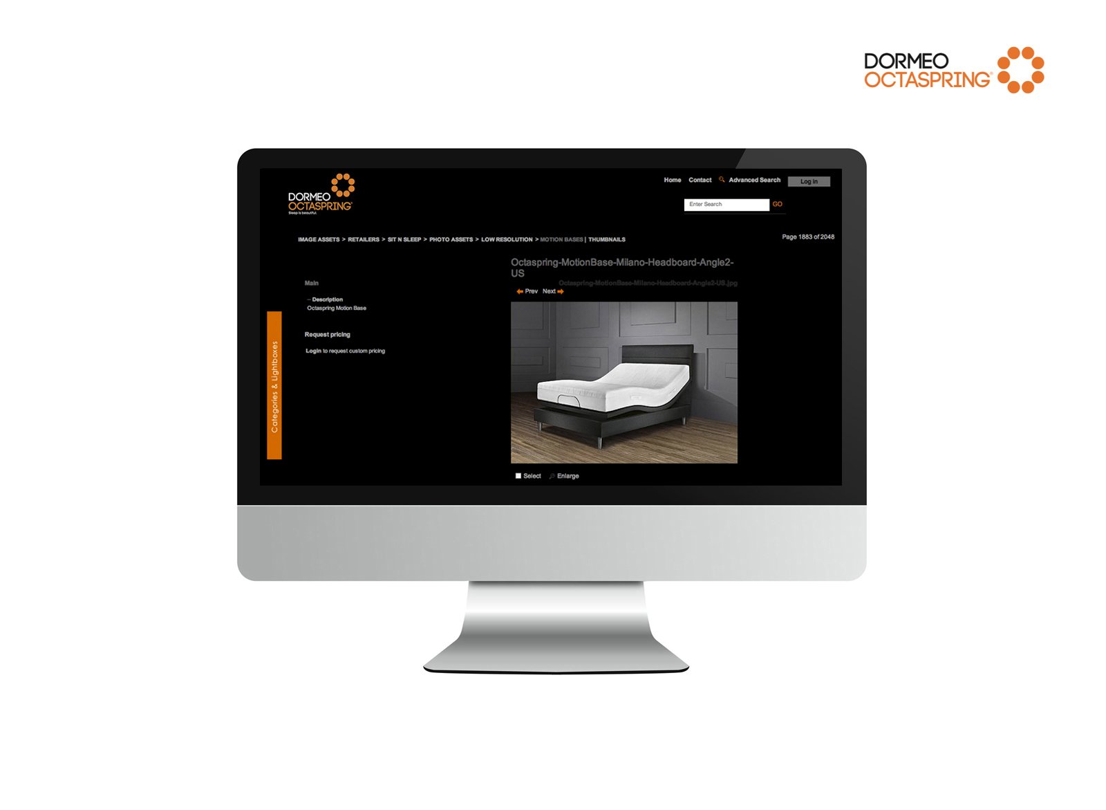 Snapshot of a digital asset management (DAM) dashboard on a desktop computer, implemented for a home furnishings company.