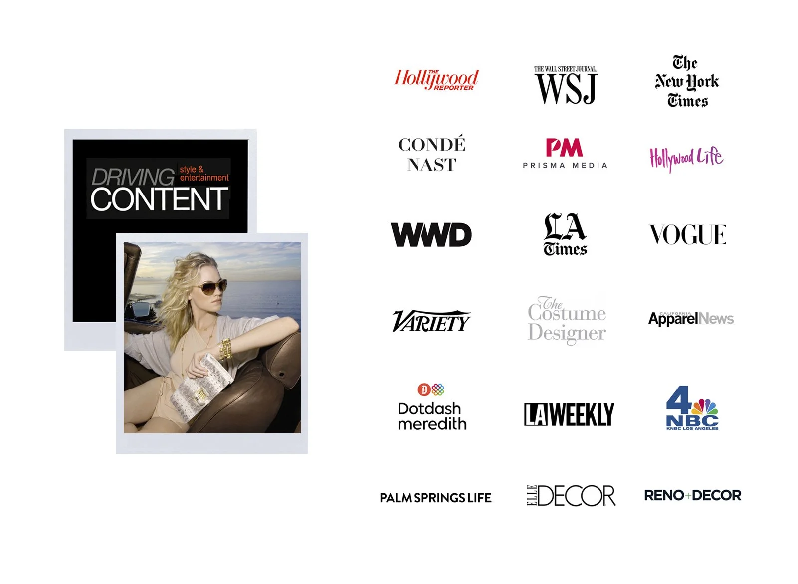 Layout of a celebrity photo and logos of style and entertainment media, representing media relations and content clients.