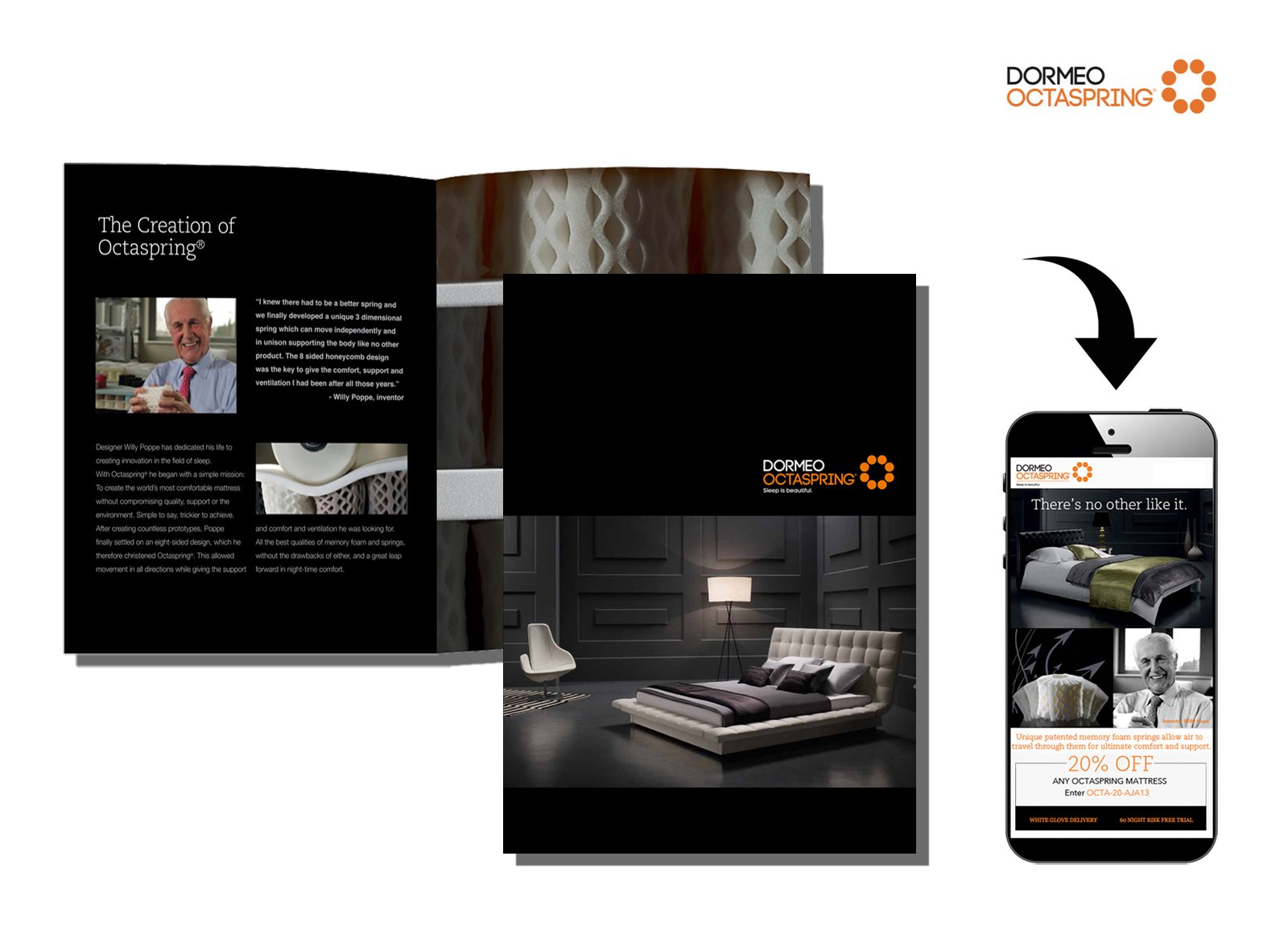 Layout showing high-end coffee-table print catalog and digital email campaign that I executed for a home furnishing company. 