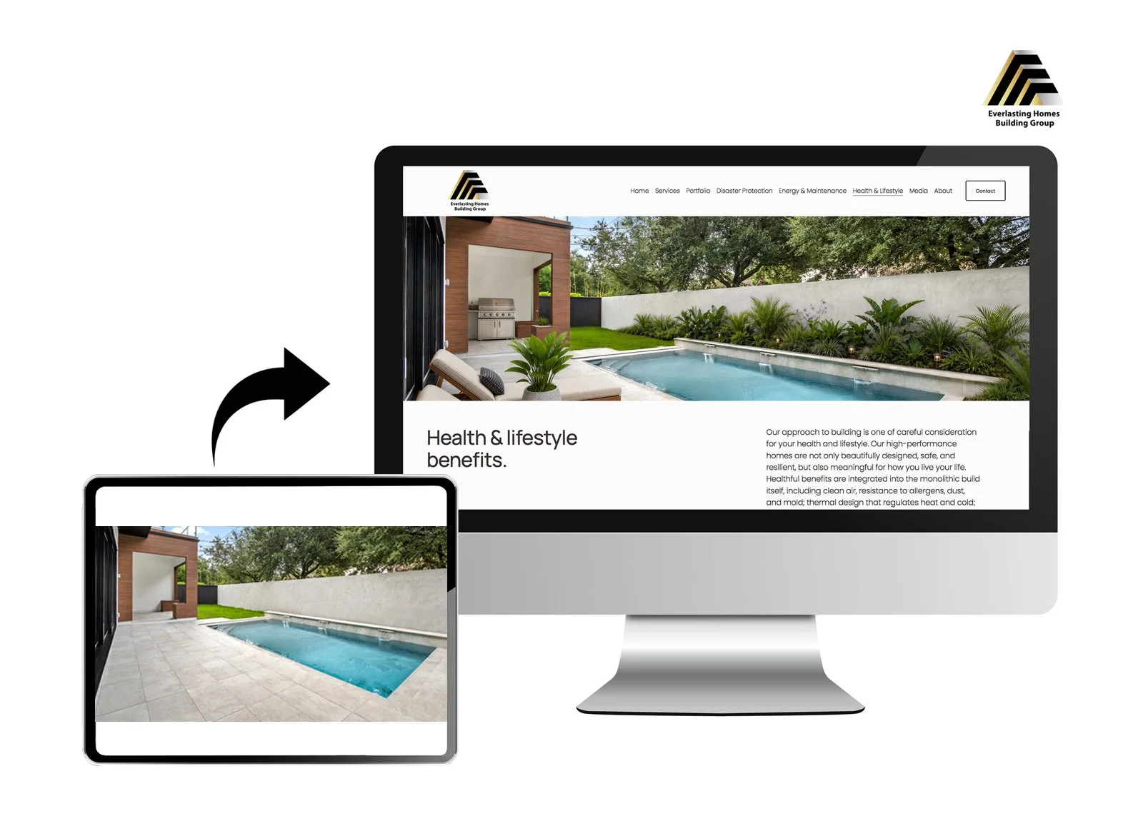 Before and after snapshots of AI-generated and retouched landscaping photos produced for a luxury homebuilder's website.