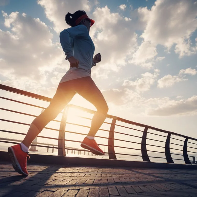 A woman running on bridge as the sun rises in a cloud-filled sky, symbolizing health and wellness consulting expertise.