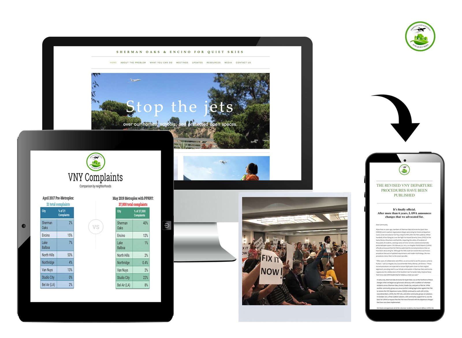 Snapshots of website, analytics, event, and mobile newsletter announcing official change results. 