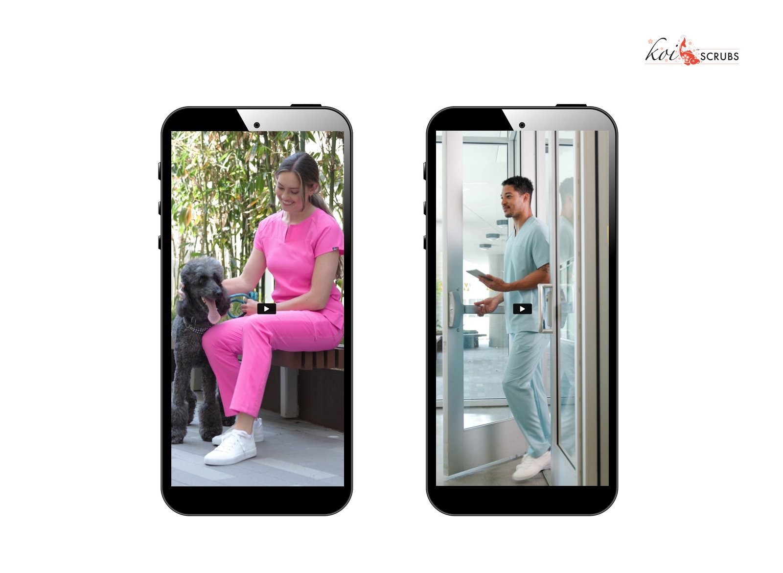 Mobile snapshots of two lifestyle videos—one of a female and dog outside, the other of a male in a medical office.