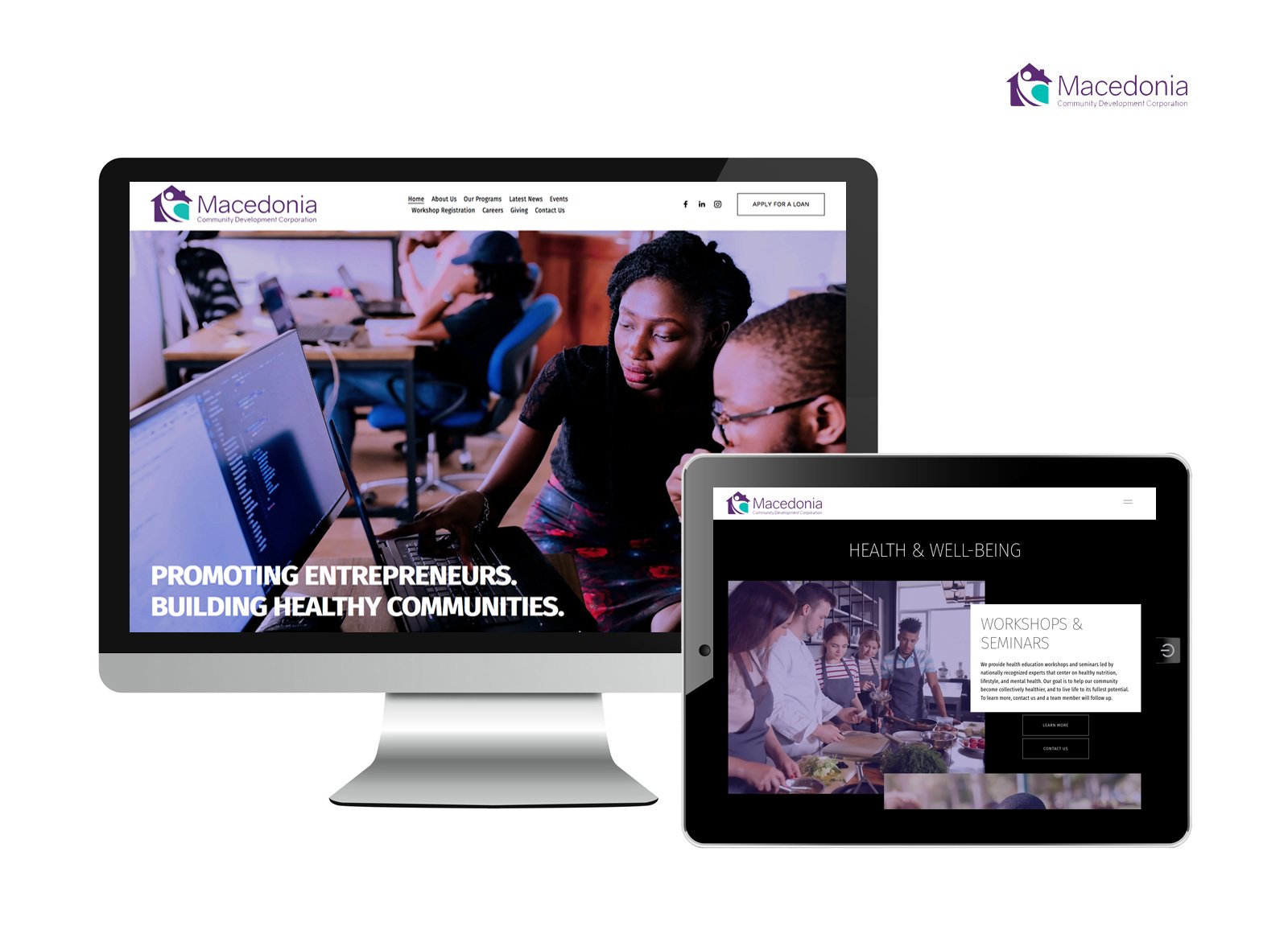 Desktop and tablet snapshots, showcasing website page design, content, and workshop scheduling for a community-based client.