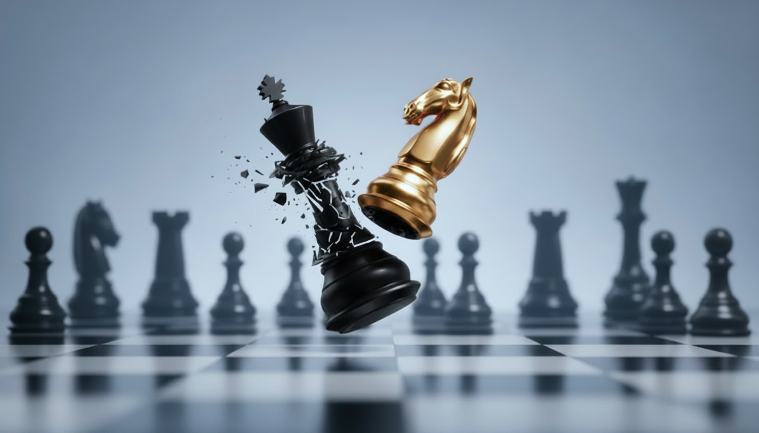 Chess battle between golden horse and shattered king, symbolizing strategic consulting that beats the status quo.