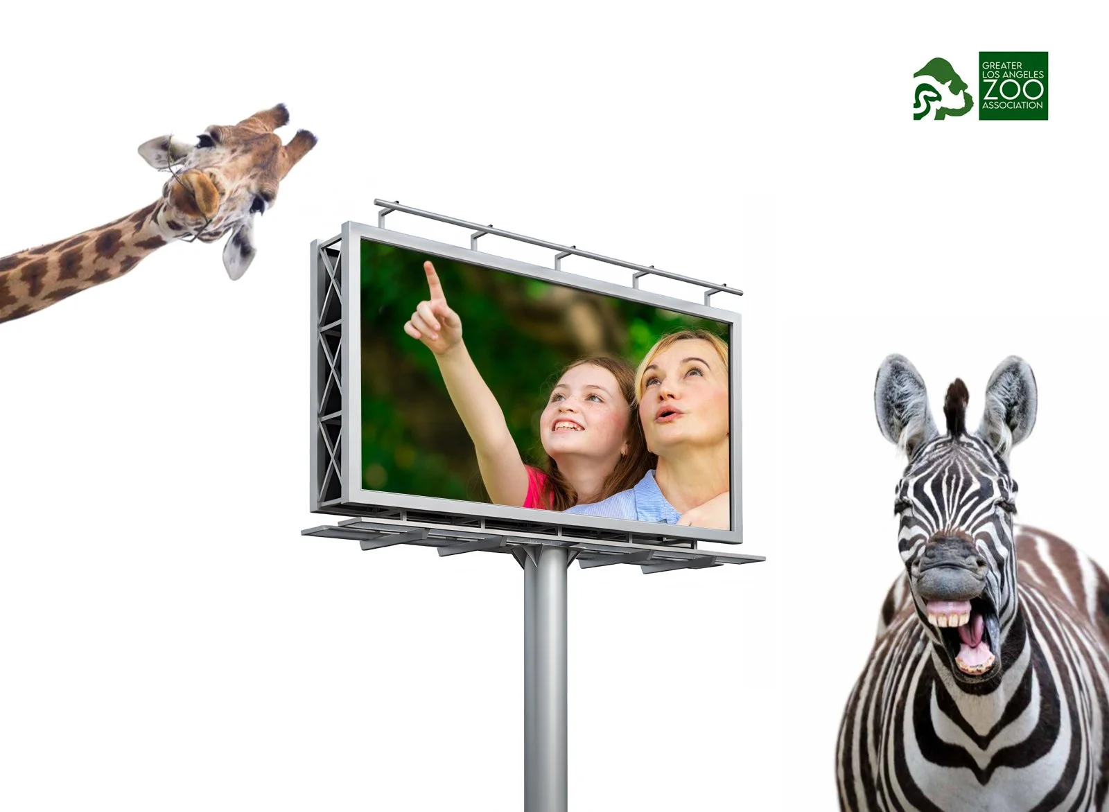 A mom and daughter on a billboard, pointing up at a giraffe, while a zebra laughs—representing a zoo ad-within-an-ad concept.