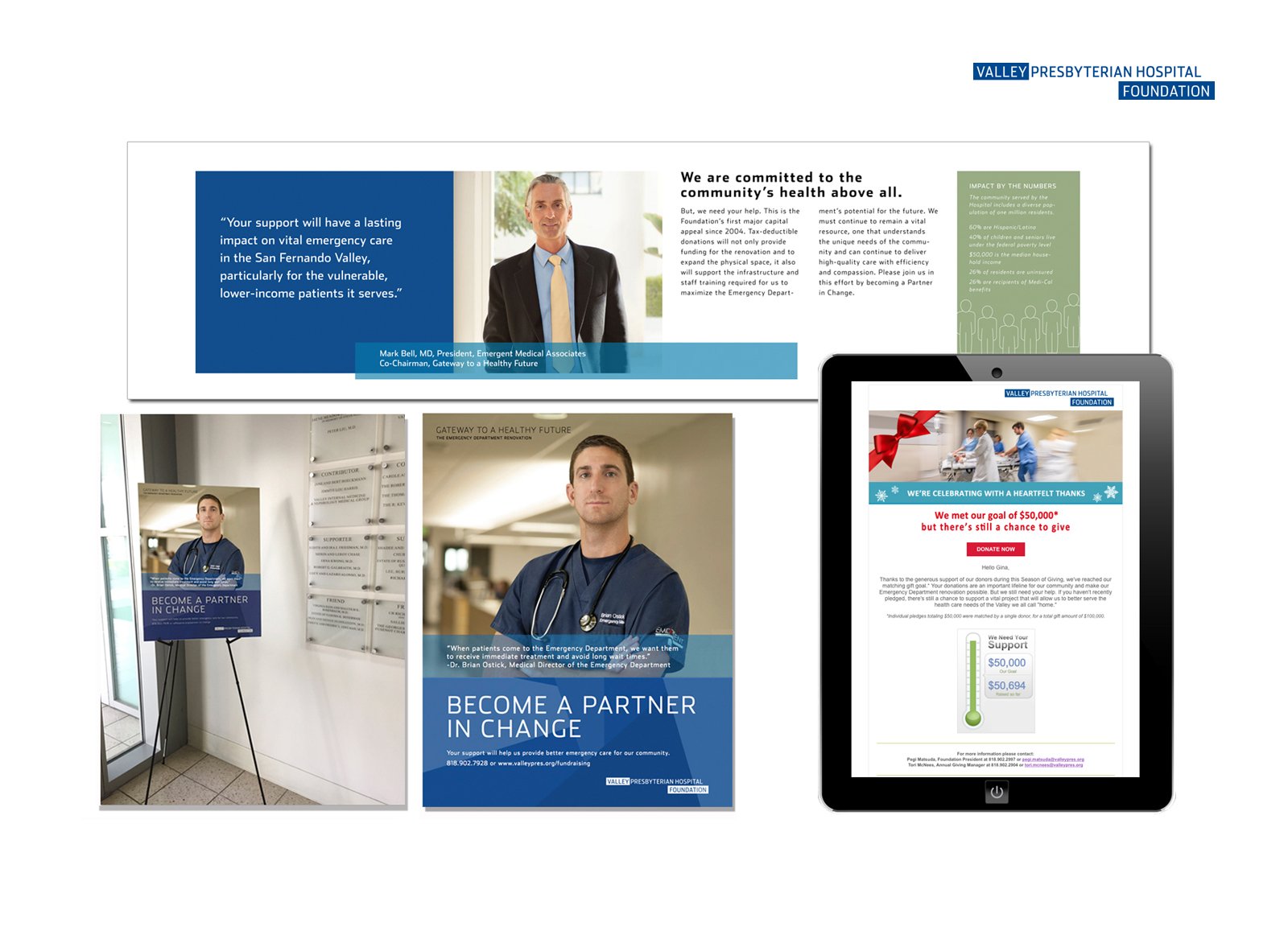 Snapshots of fundraising brochure, poster, poster in situ, and tablet with a thank you email for exceeding donation goal.