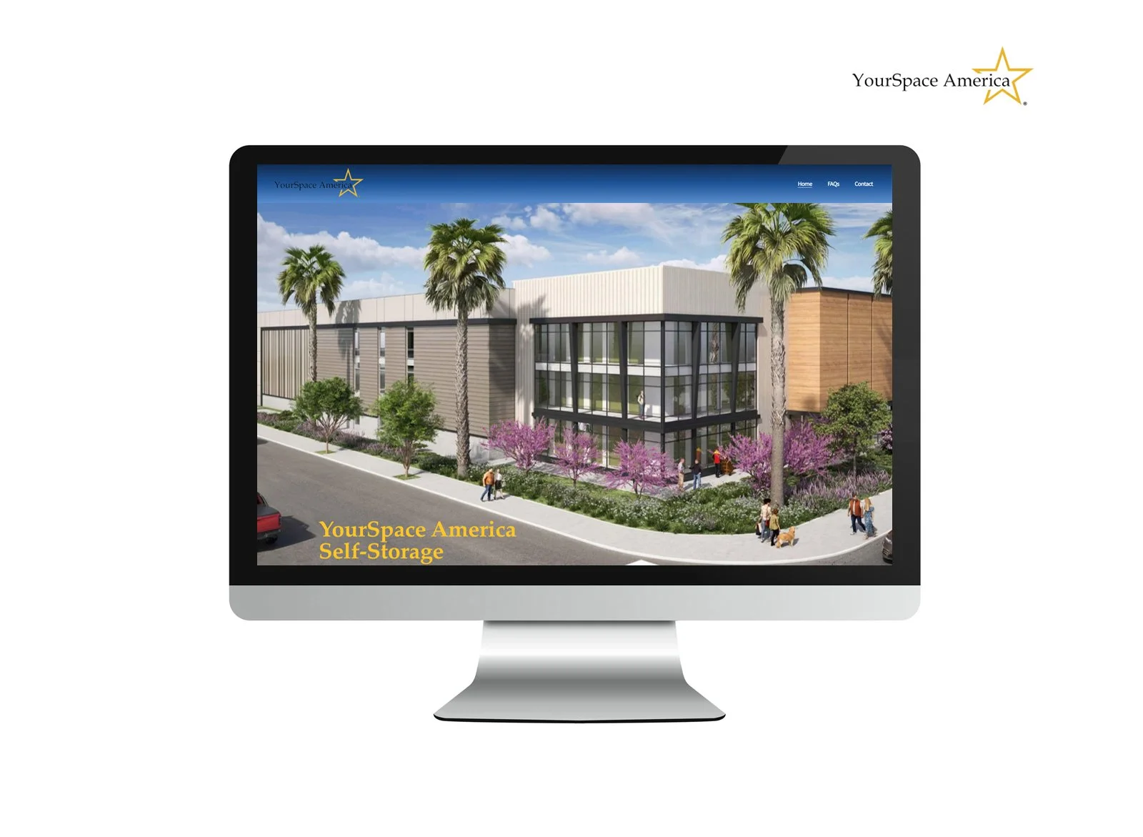 Rendering of a modern building with large glass windows, palm trees, flowering bushes, and people walking along the sidewalk, on a website titled YourSpace America Self-Storage.