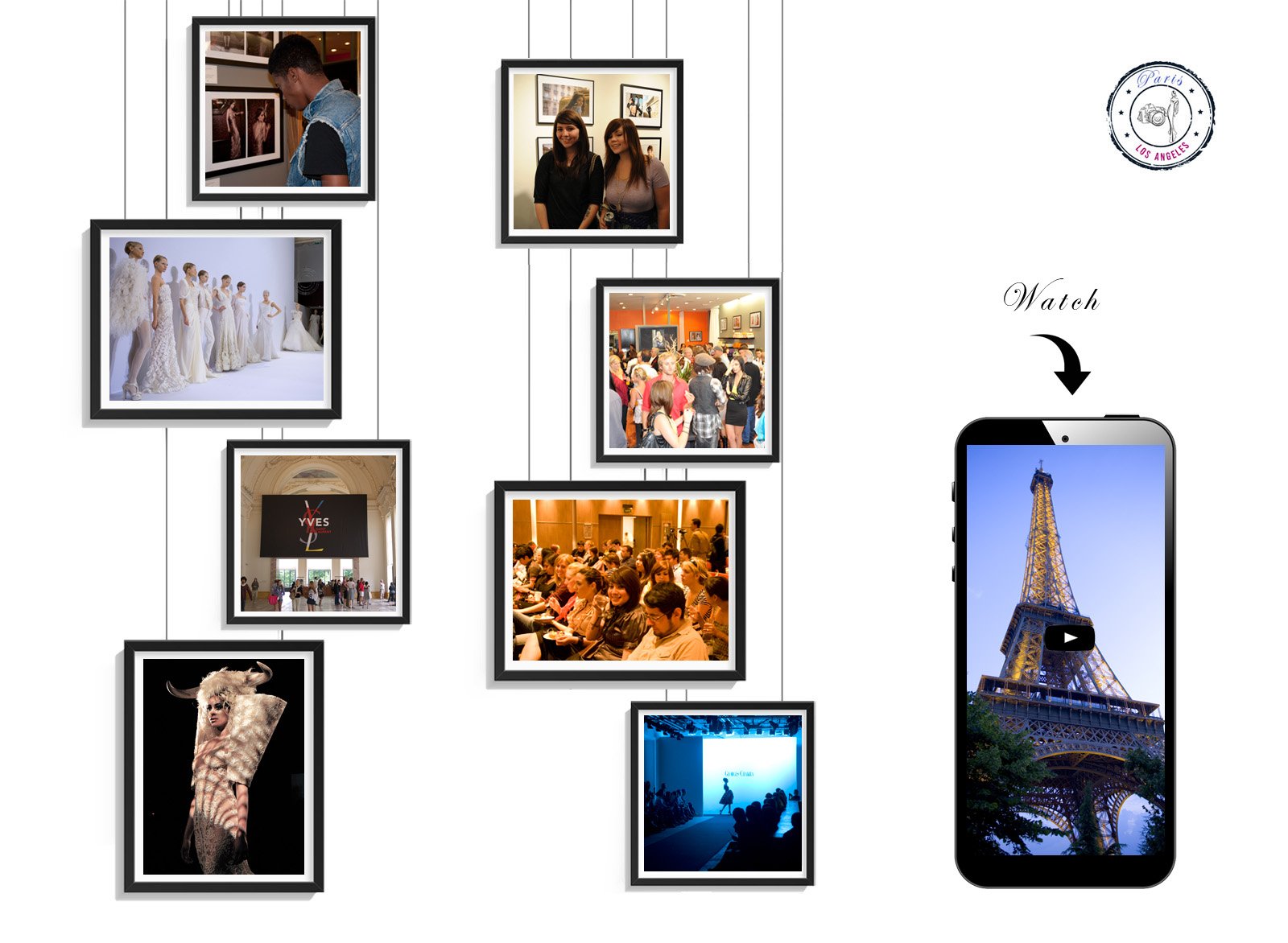 Layout with framed photos of student exhibits and cultural events, and a mobile snapshot of Eiffel Tower with a linked video.