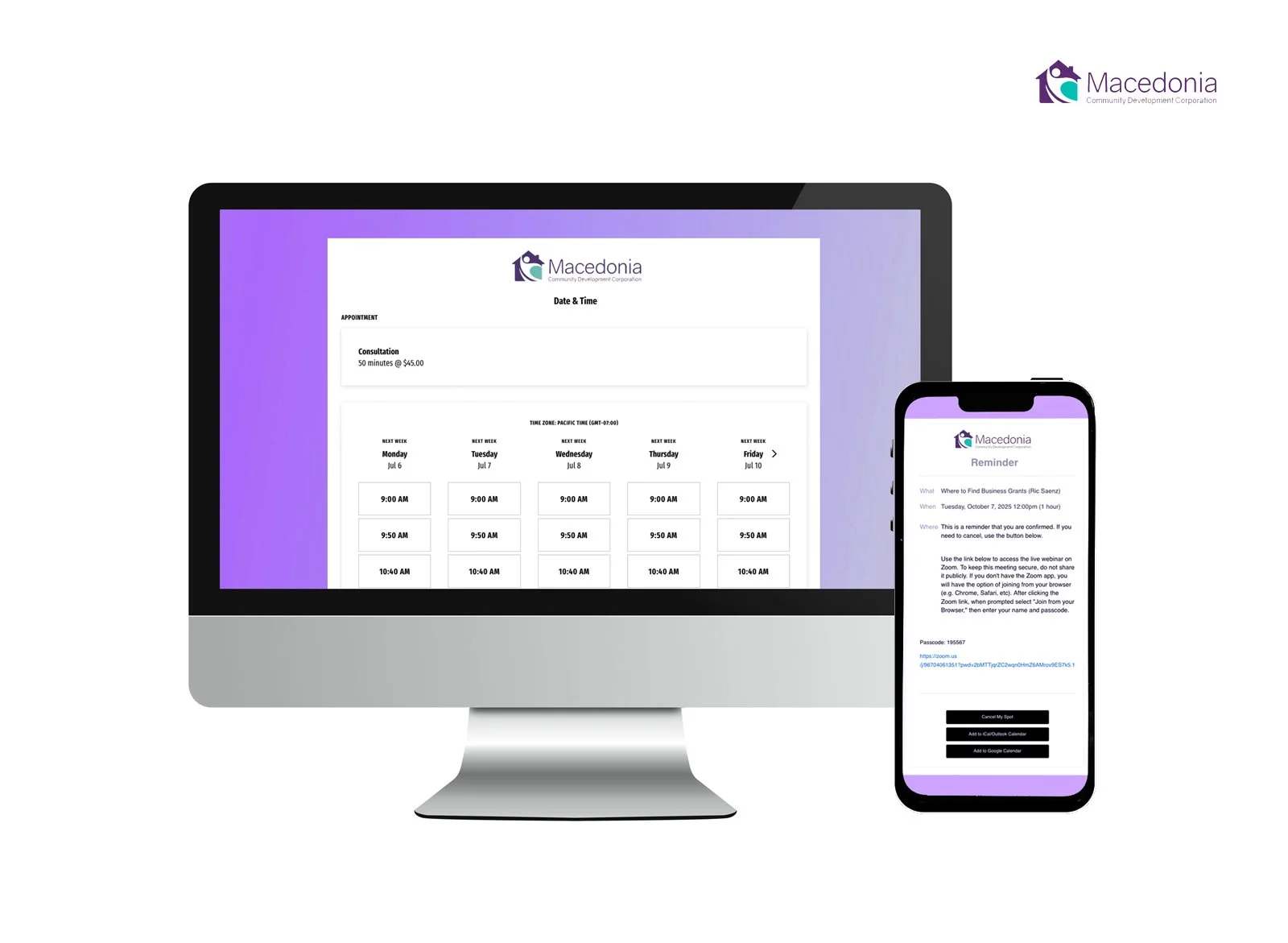 Desktop and mobile snapshots of workshop scheduling page and notification email, showcasing digital tech and automation.