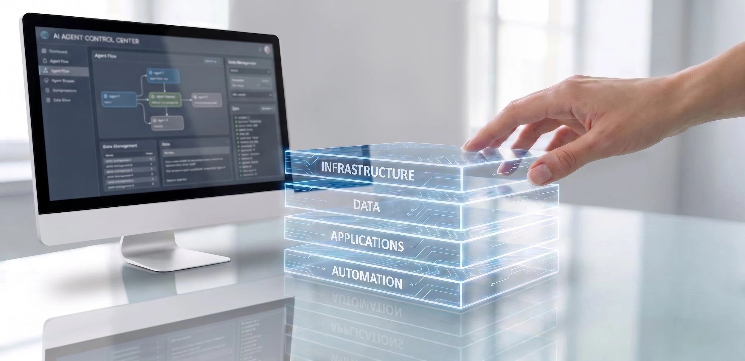 Female hand touching glass boxes on a desk, with a computer behind, symbolizing digital tech and AI automation solutions.