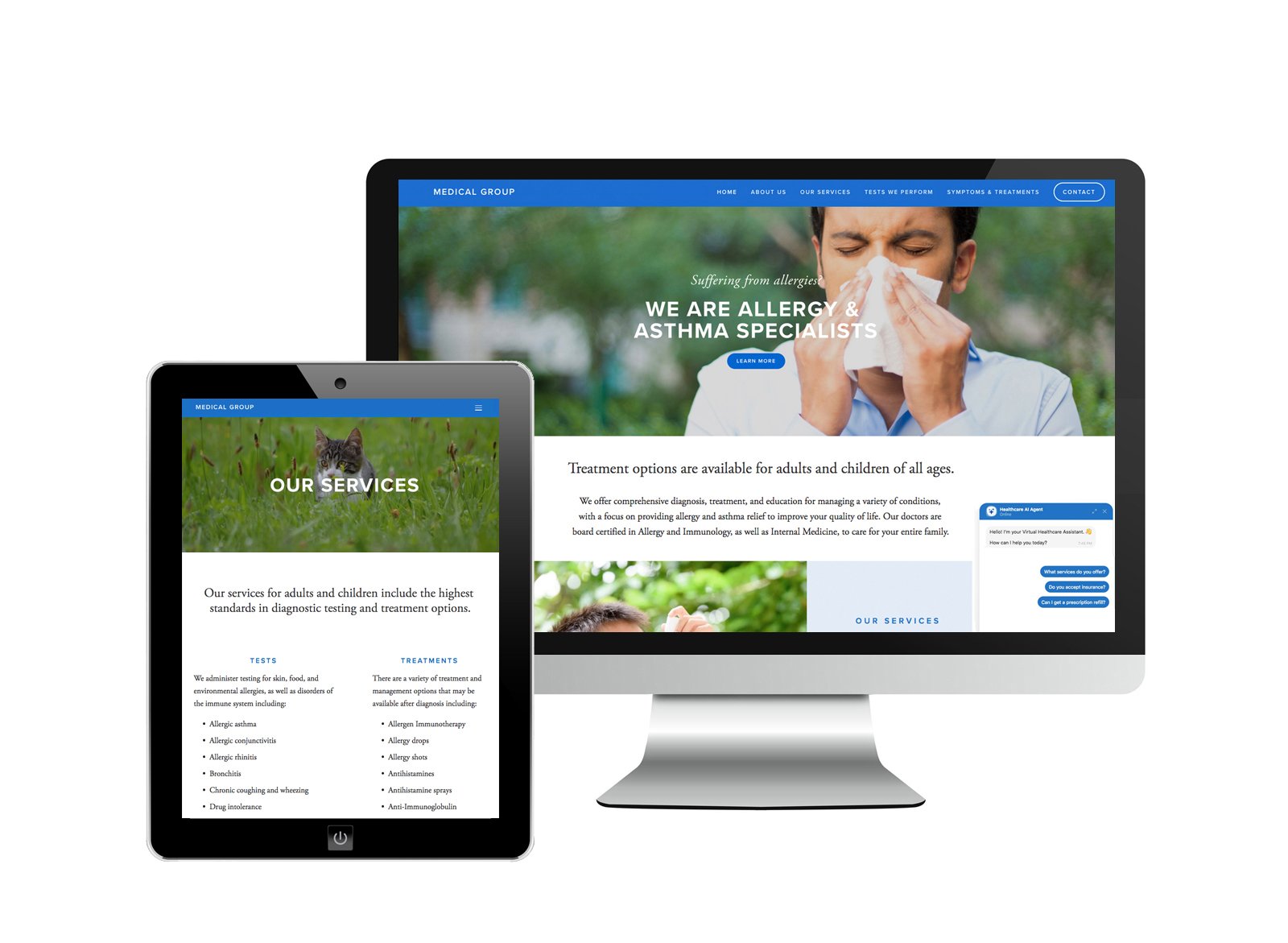 Desktop and tablet snapshots of pre-built, customizable, and compliant health care website with a chatbot app.