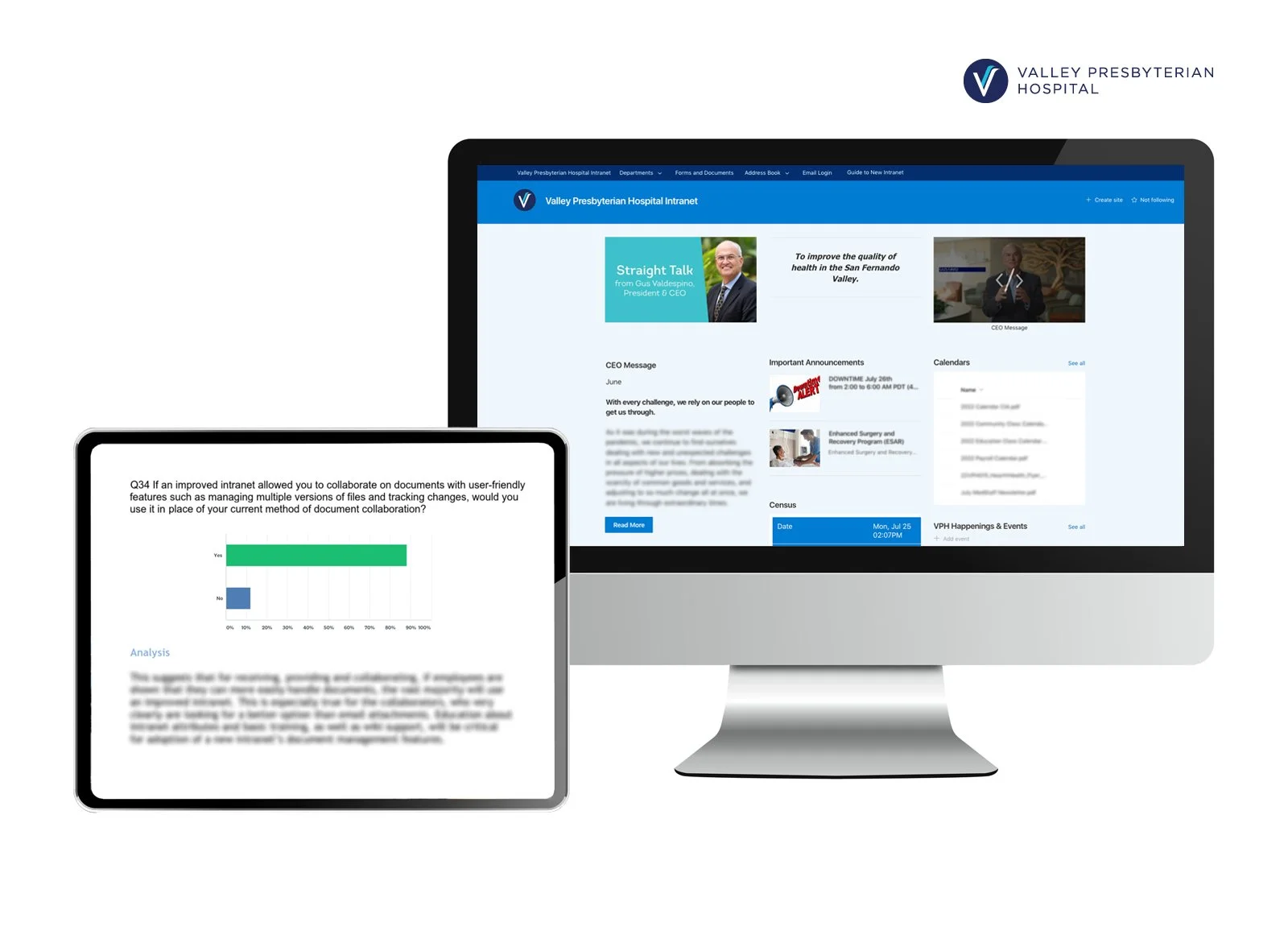 Desktop and tablet snapshots of use case analytics and intranet dashboard that I recommended for a health care client.