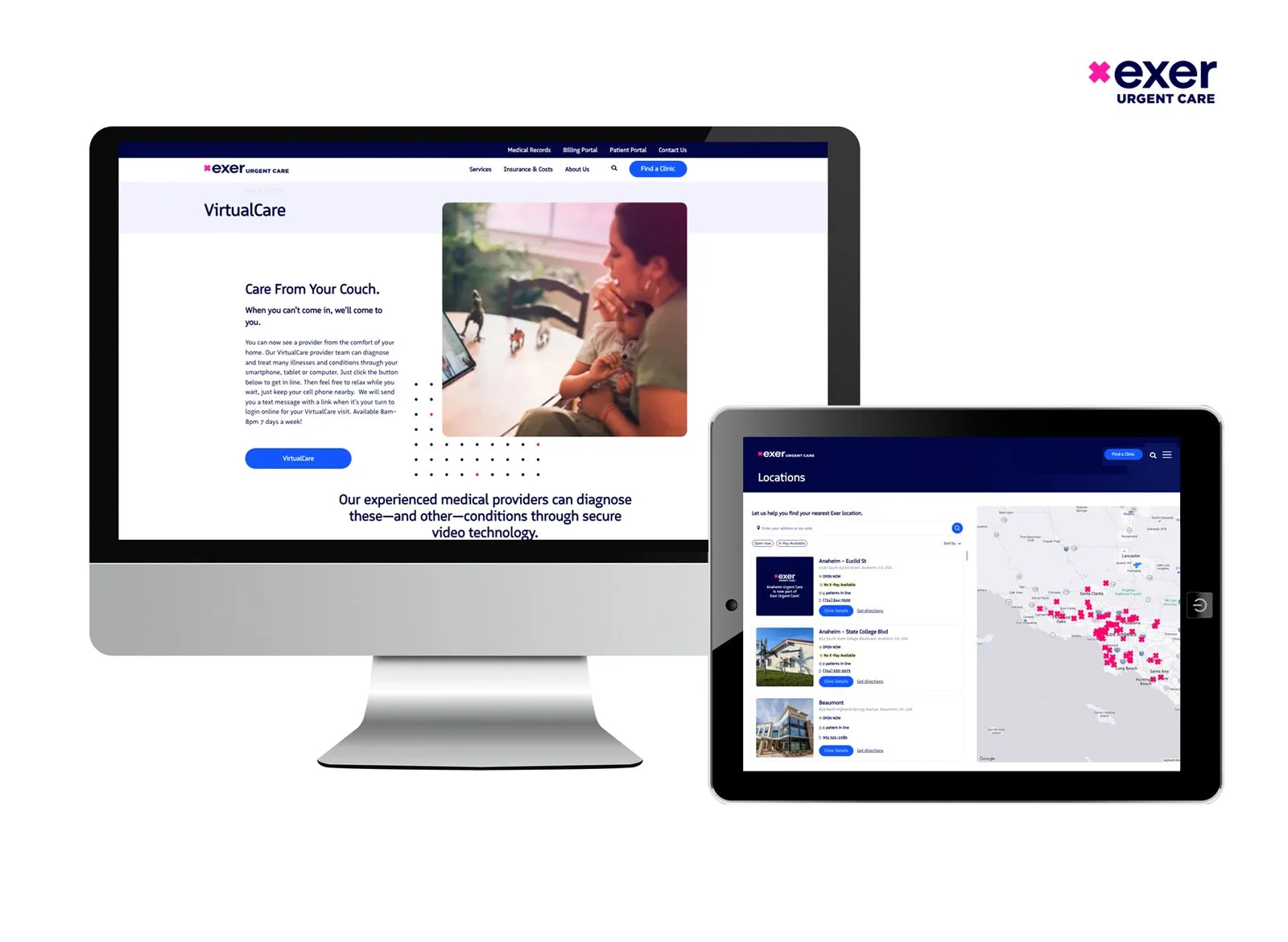 Desktop and tablet snapshots of virtual care scheduling and interactive location pages, showcasing digital integrations.