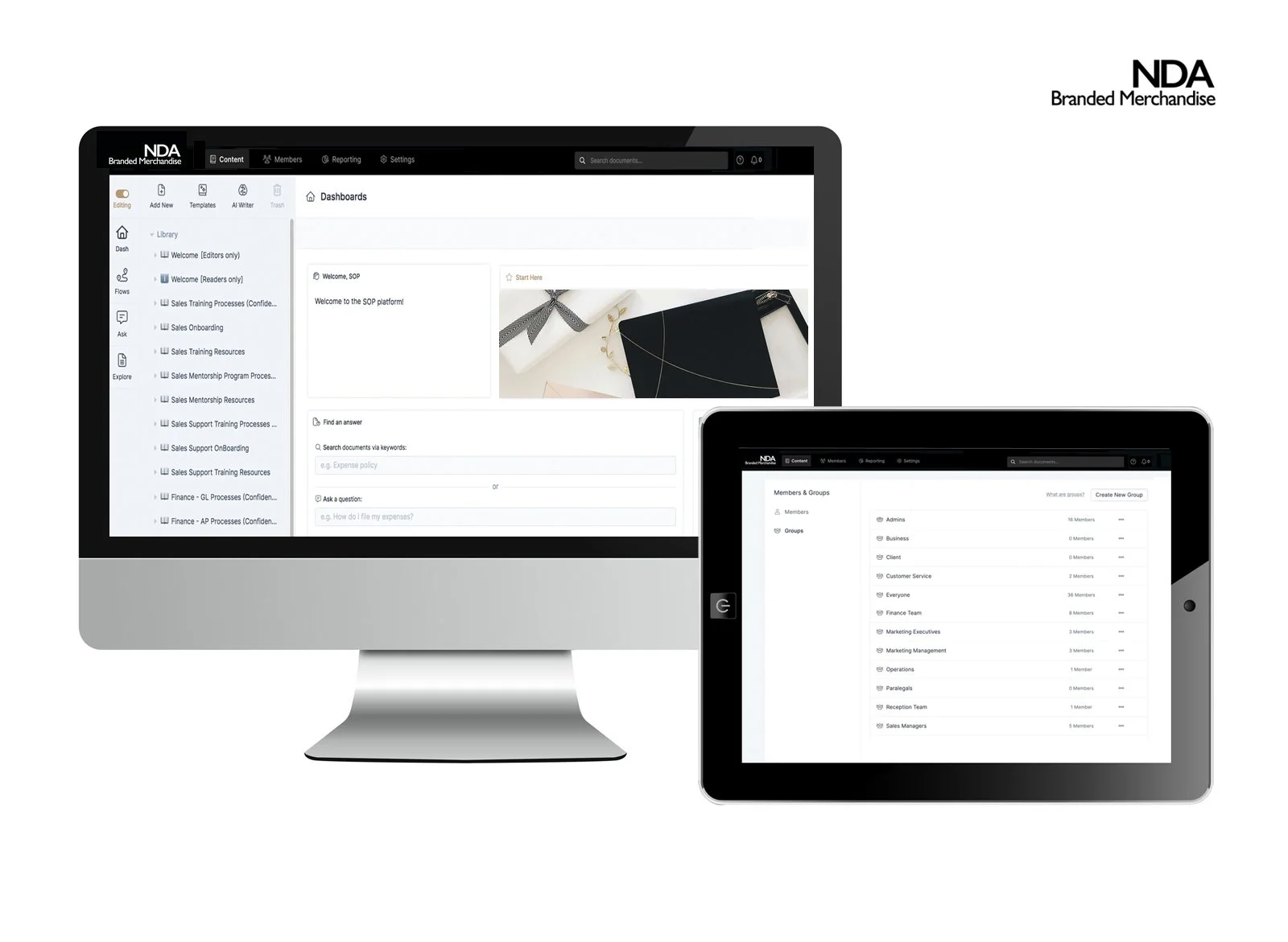 Desktop and tablet snapshots of an SOP platform dashboard that I set up for a branded merchandise human resources team.