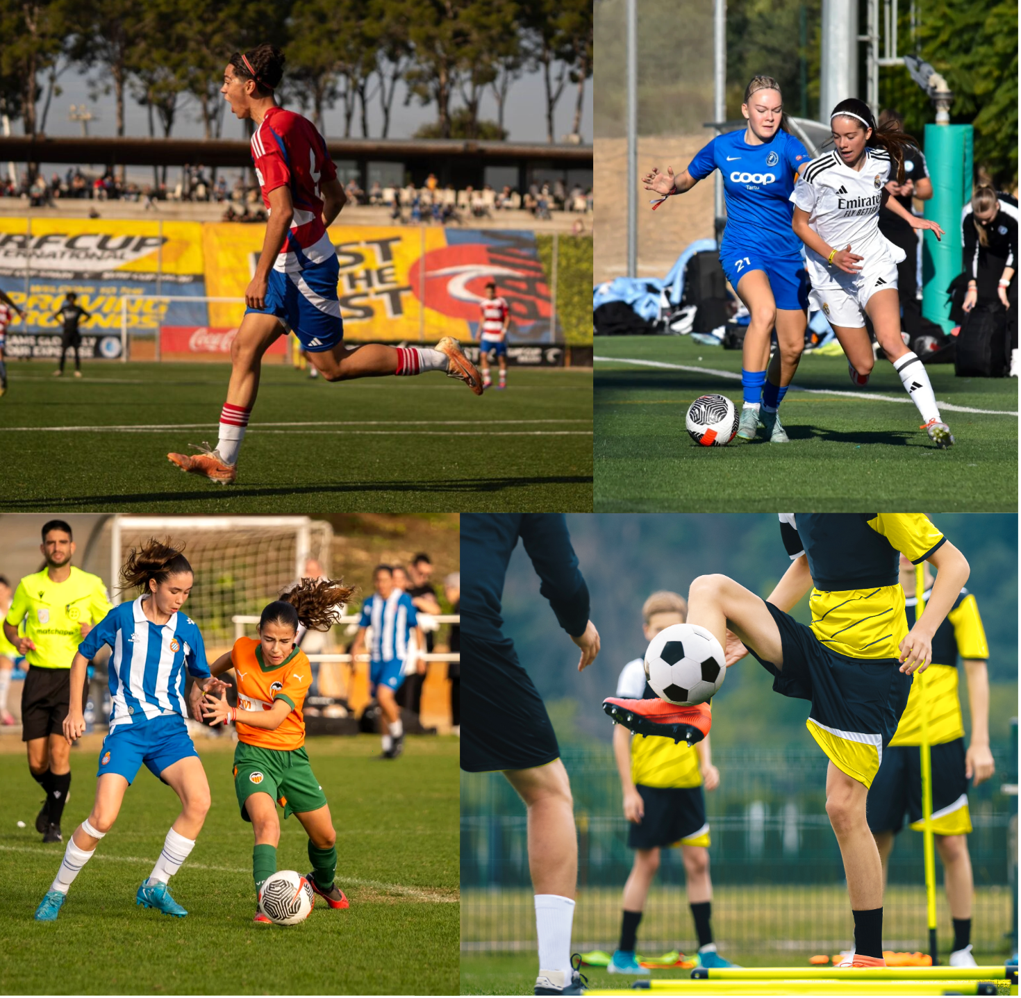 Collage of youth soccer players engaged in various matches and training activities outdoors.